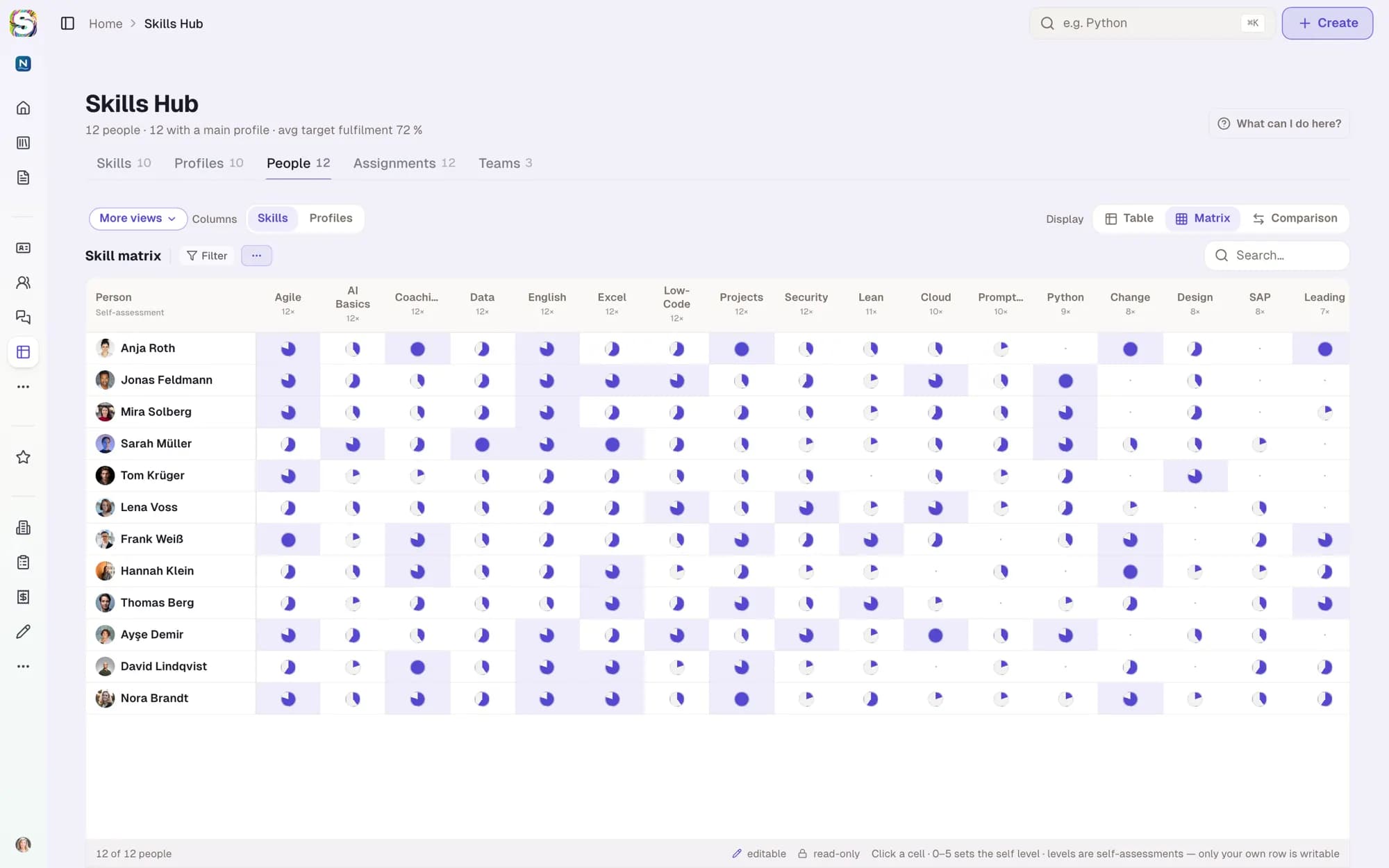Skills Hub on desktop: skill matrix across twelve people