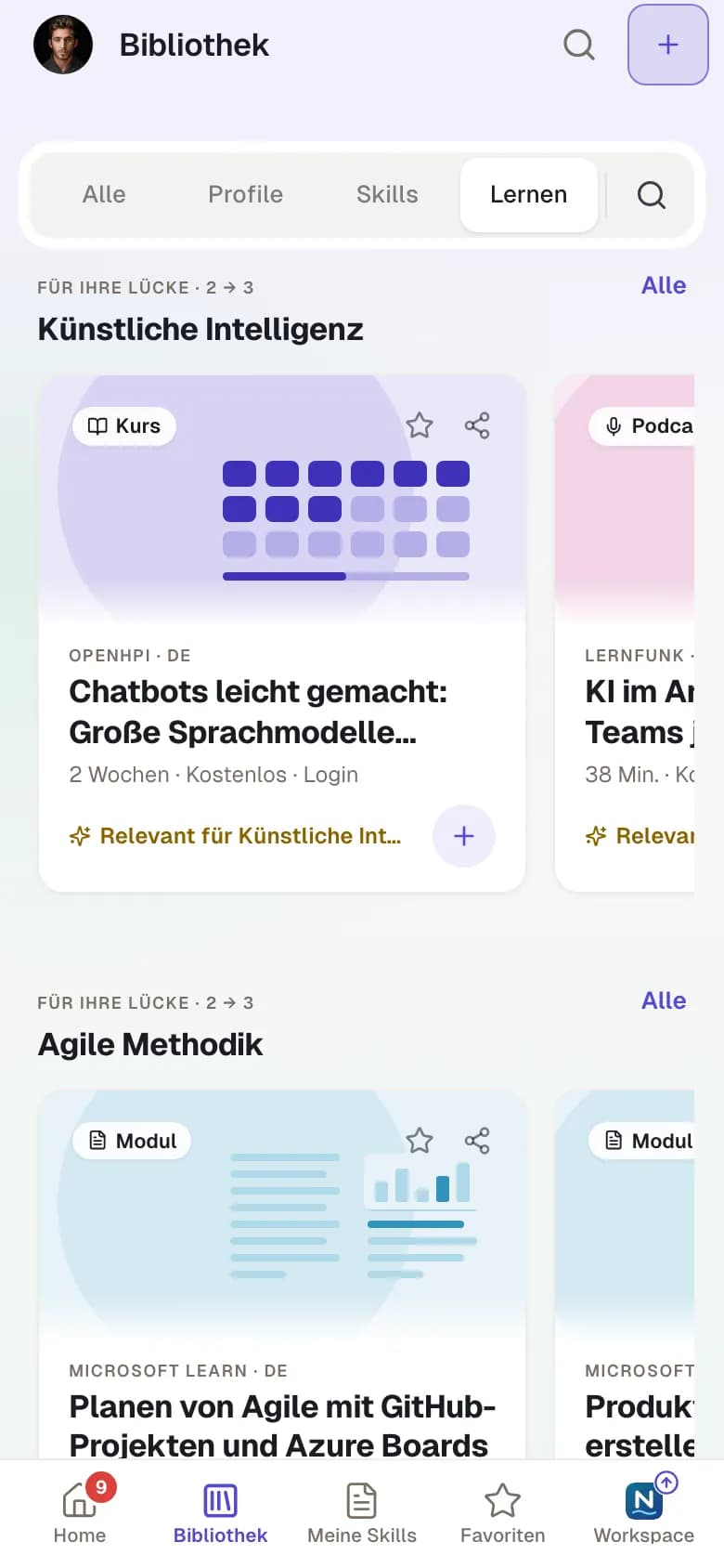 Skillties-Bibliothek am Handy mit Lernkarten