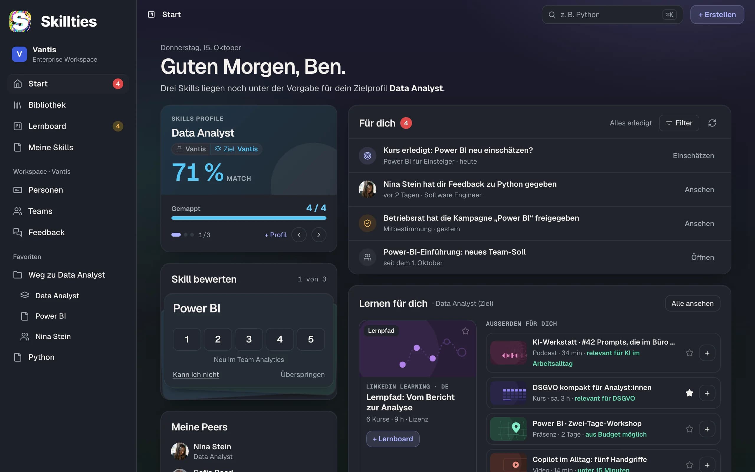 Startseite von Skillties: Skills-Profil mit Match, Skill bewerten, „Für dich“ mit einer Freigabe des Betriebsrats und Lernempfehlungen.