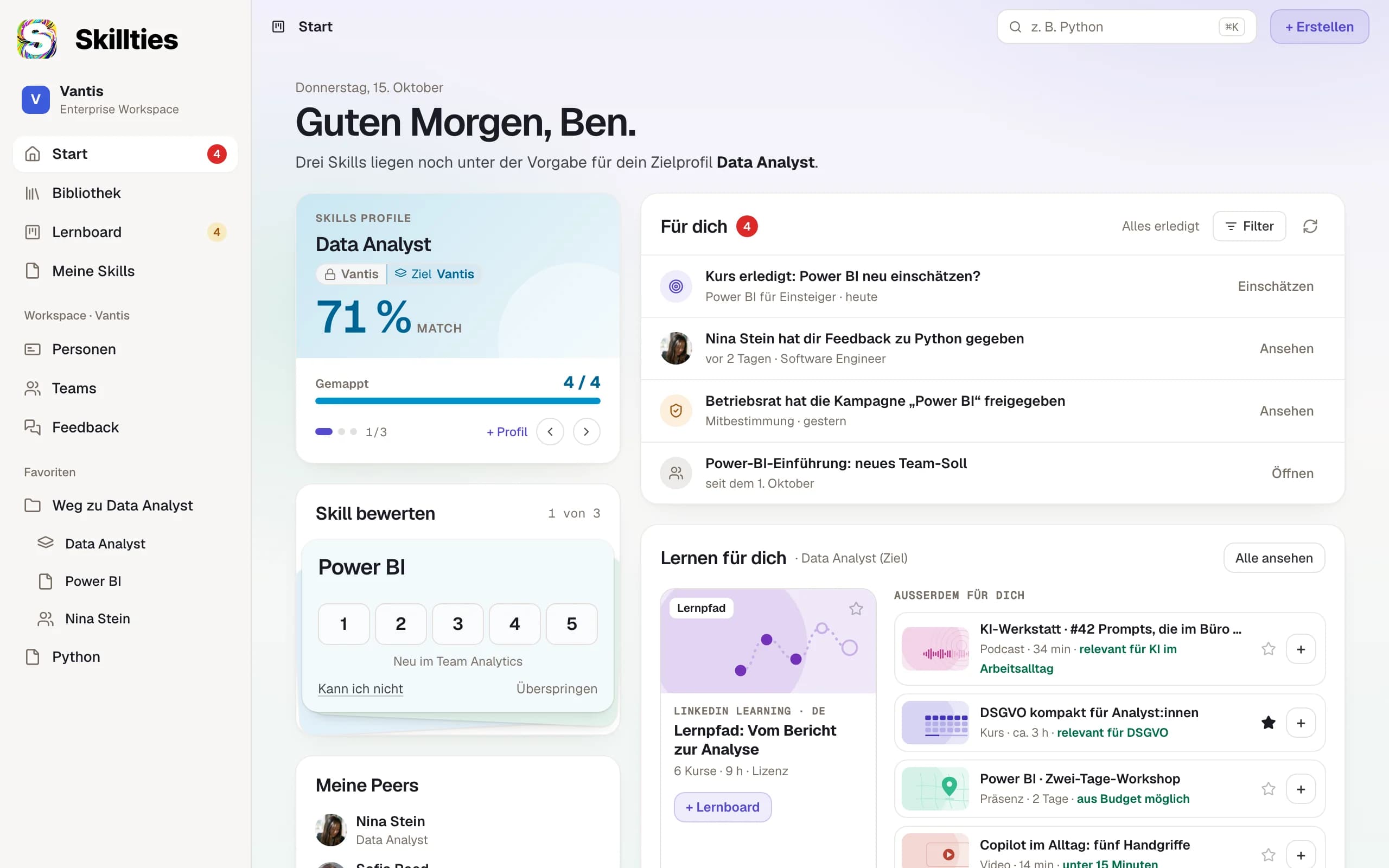 Startseite von Skillties: Skills-Profil mit Match, Skill bewerten, „Für dich“ mit einer Freigabe des Betriebsrats und Lernempfehlungen.