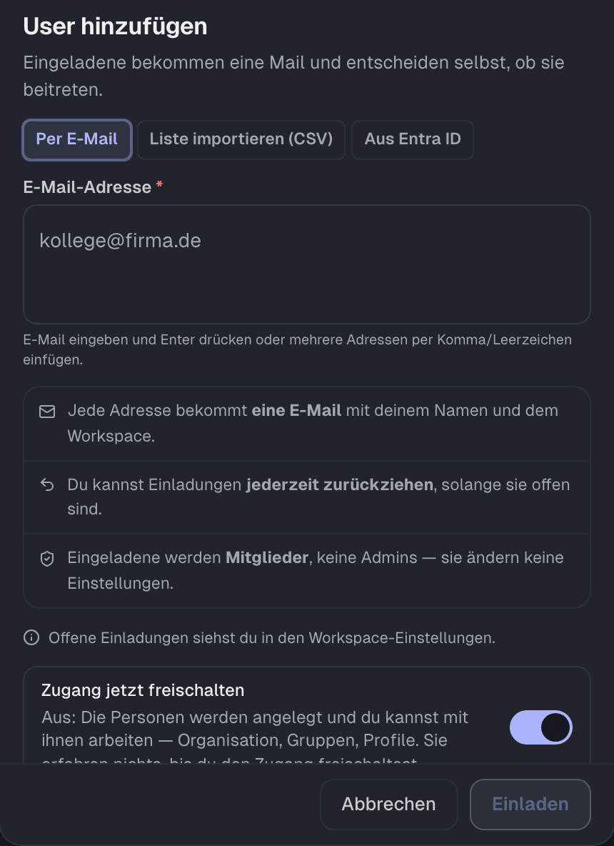 Dialog „User hinzufügen“: per E-Mail, als Liste oder aus Entra ID