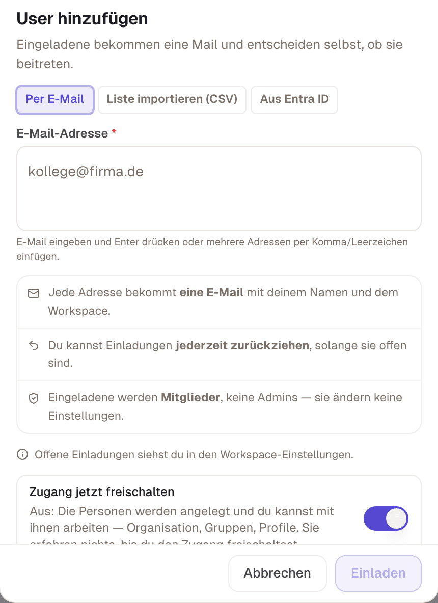 Dialog „User hinzufügen“: per E-Mail, als Liste oder aus Entra ID