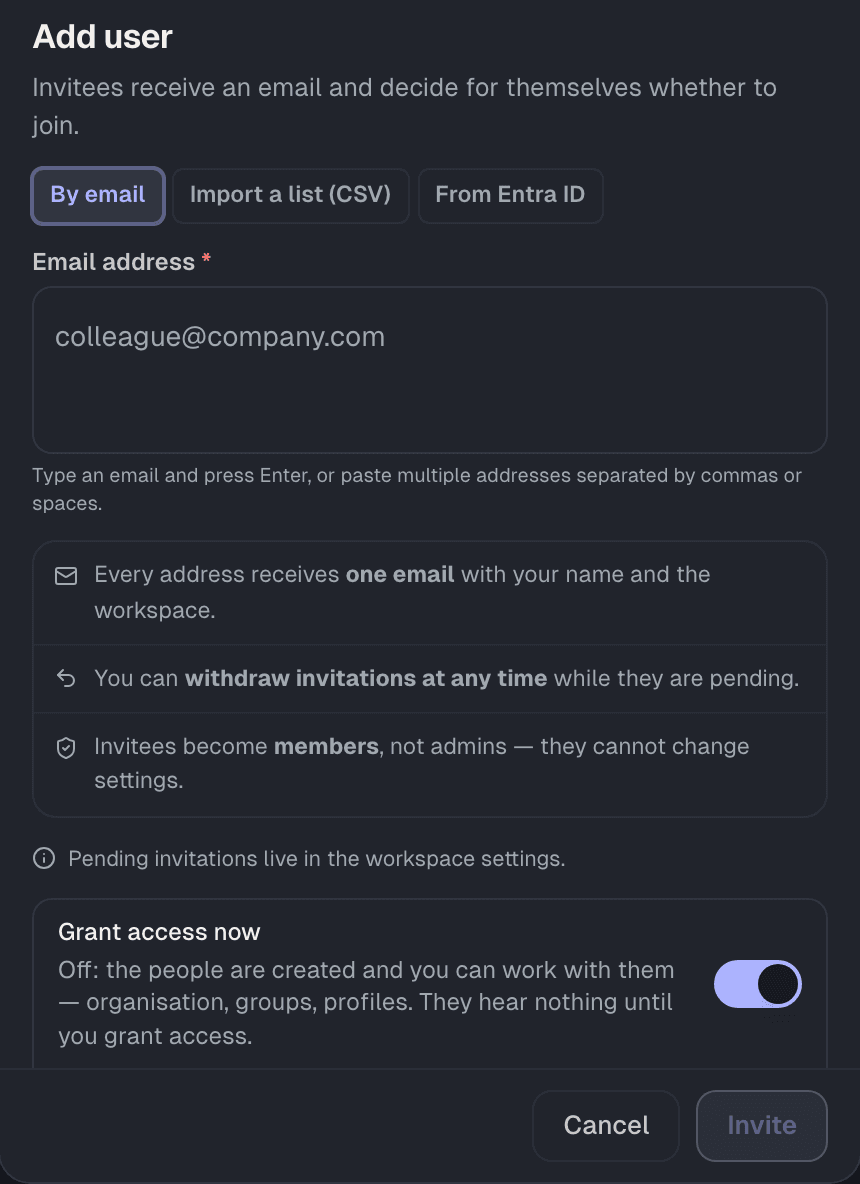 Add users dialog: by email, as a list or from Entra ID