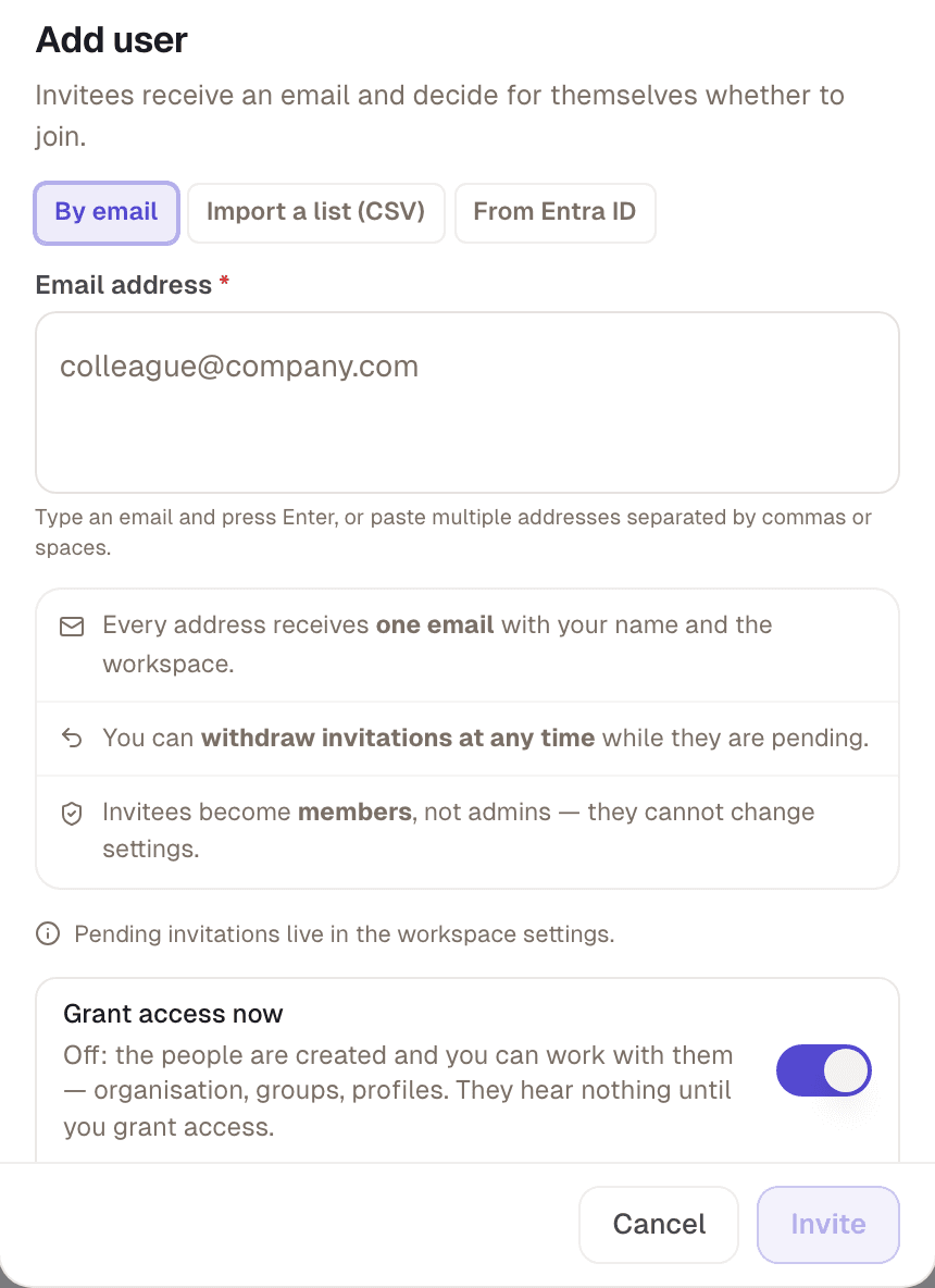 Add users dialog: by email, as a list or from Entra ID