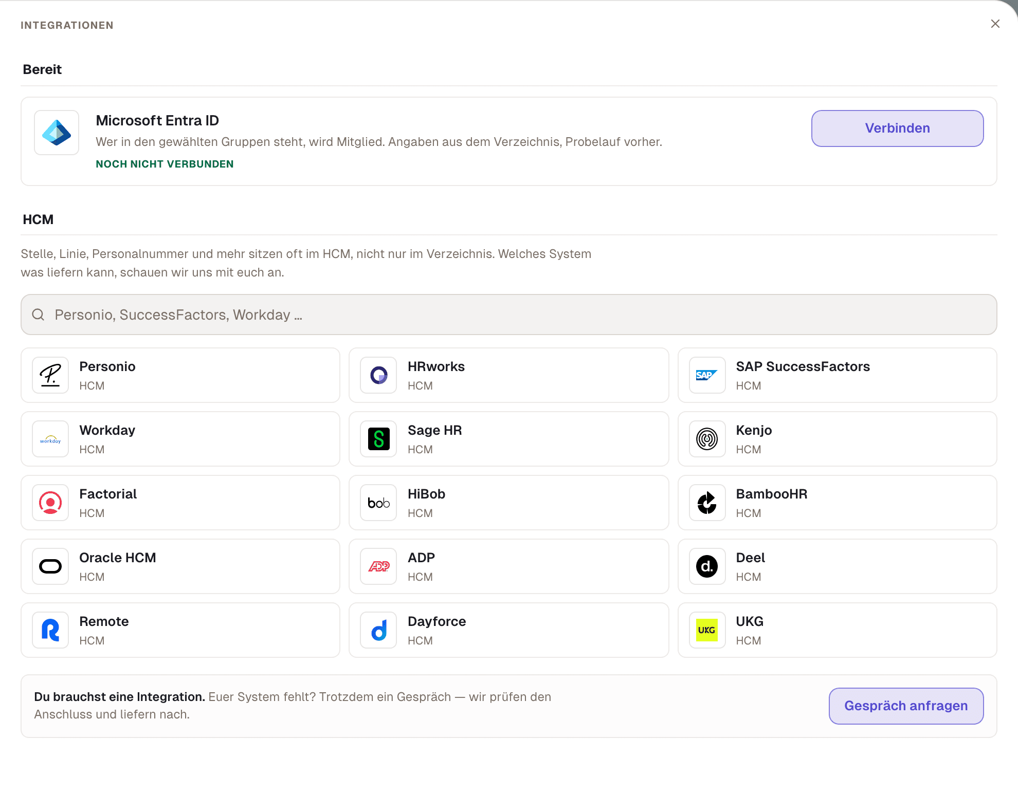 Einstellungen › Integrationen: Microsoft Entra ID und 15 HCMS