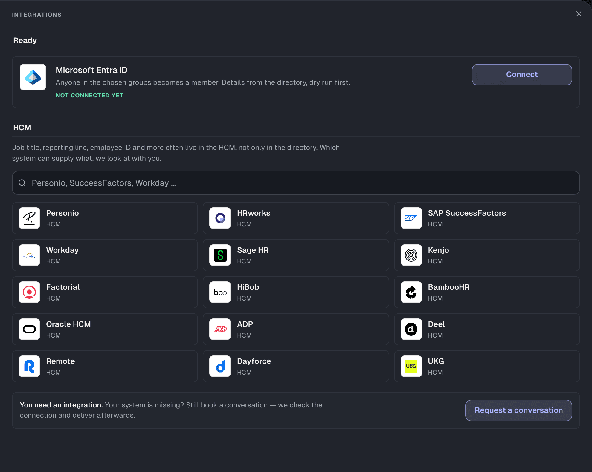 Settings › Integrations: Microsoft Entra ID and 15 HCMS