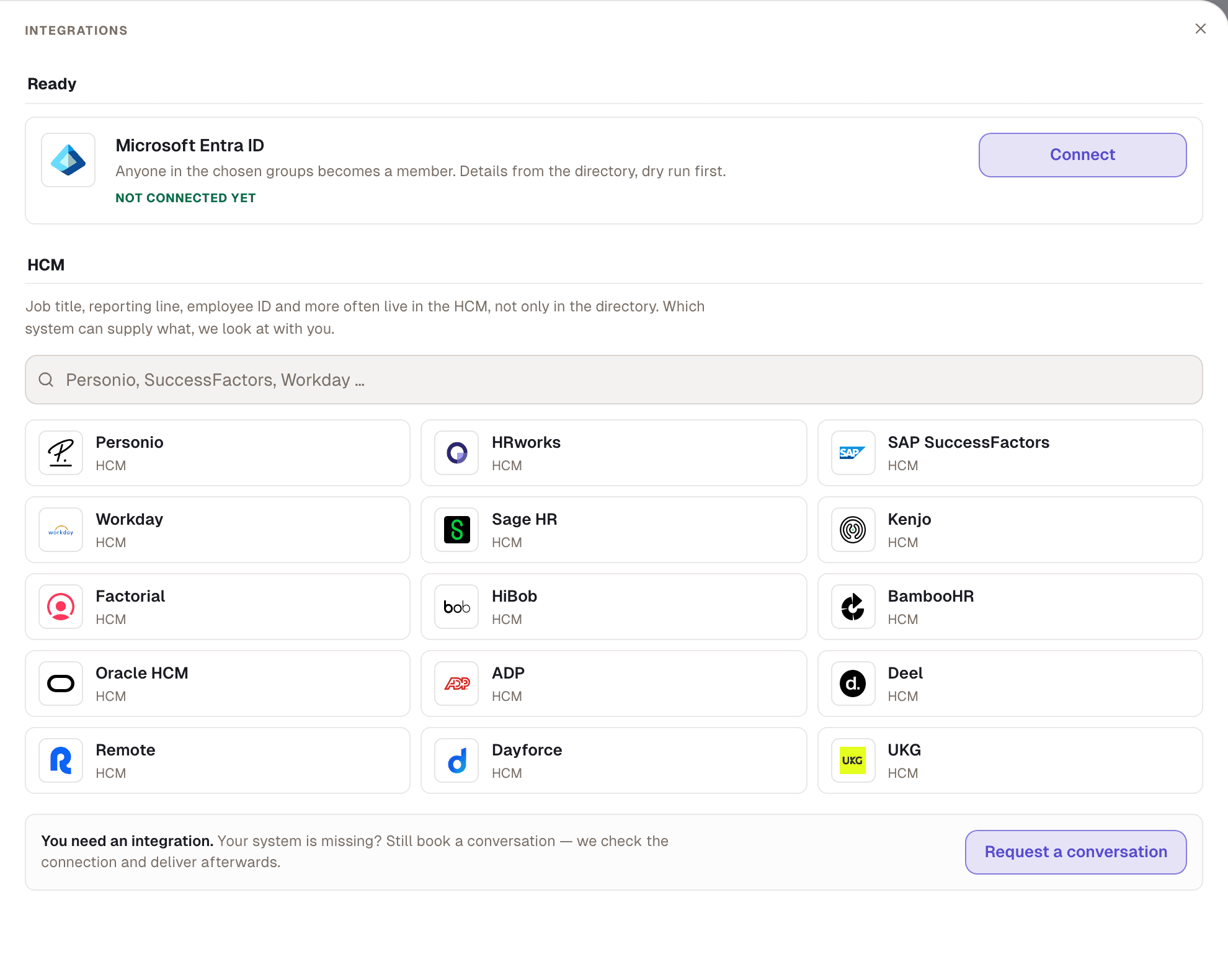 Settings › Integrations: Microsoft Entra ID and 15 HCMS