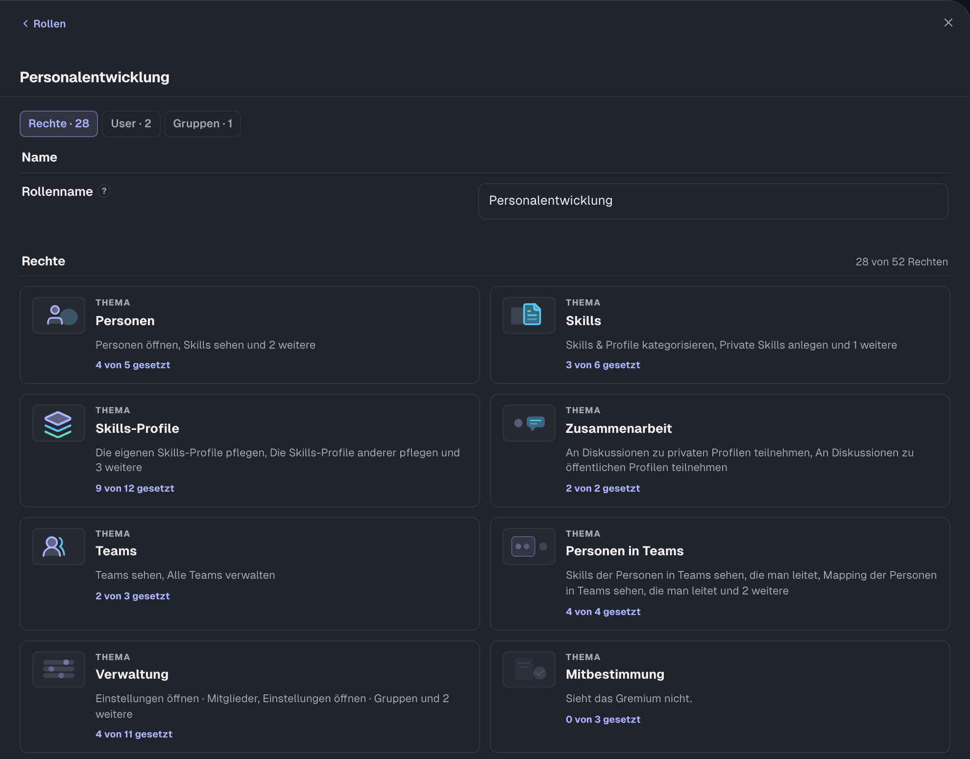 Rollen-Editor: die Vorlage Personalentwicklung mit 28 von 52 Rechten