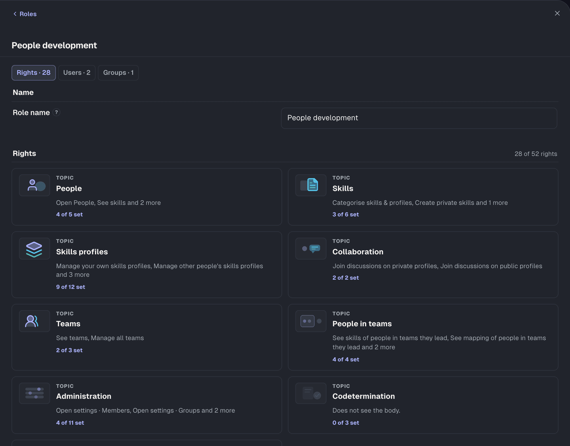 Role editor: the people development template with 28 of 52 permissions