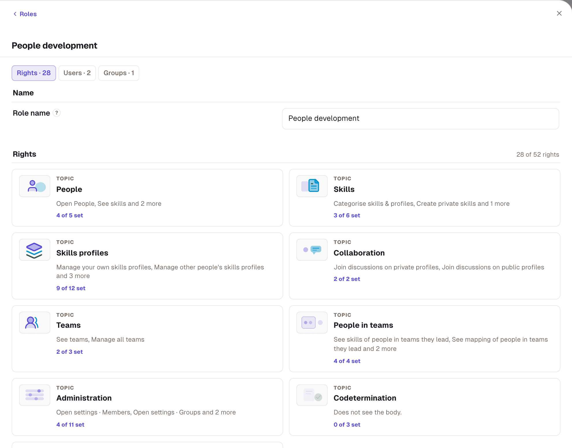 Role editor: the people development template with 28 of 52 permissions