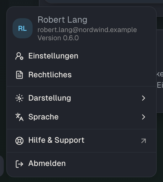 Das Konto-Menü: Darstellung und Sprache stehen direkt darin, die persönlichen Einstellungen dahinter.