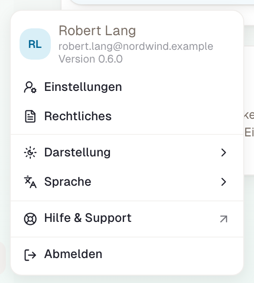 Das Konto-Menü: Darstellung und Sprache stehen direkt darin, die persönlichen Einstellungen dahinter.