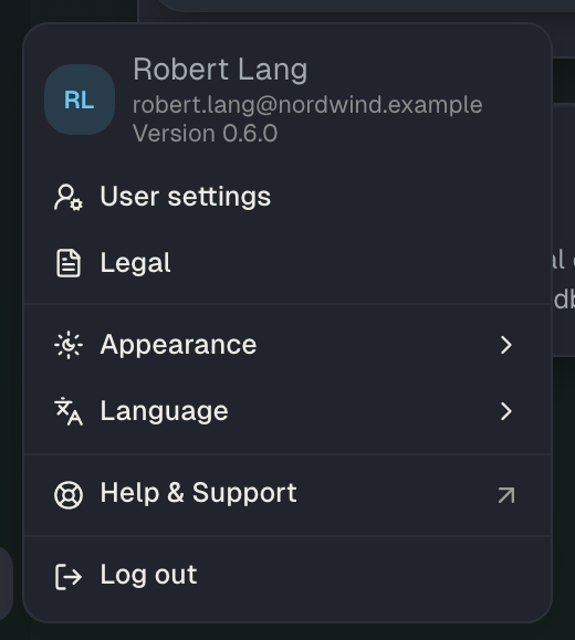 The account menu: appearance and language are right there, the personal settings behind it.