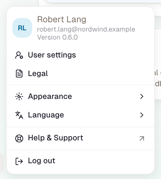 The account menu: appearance and language are right there, the personal settings behind it.