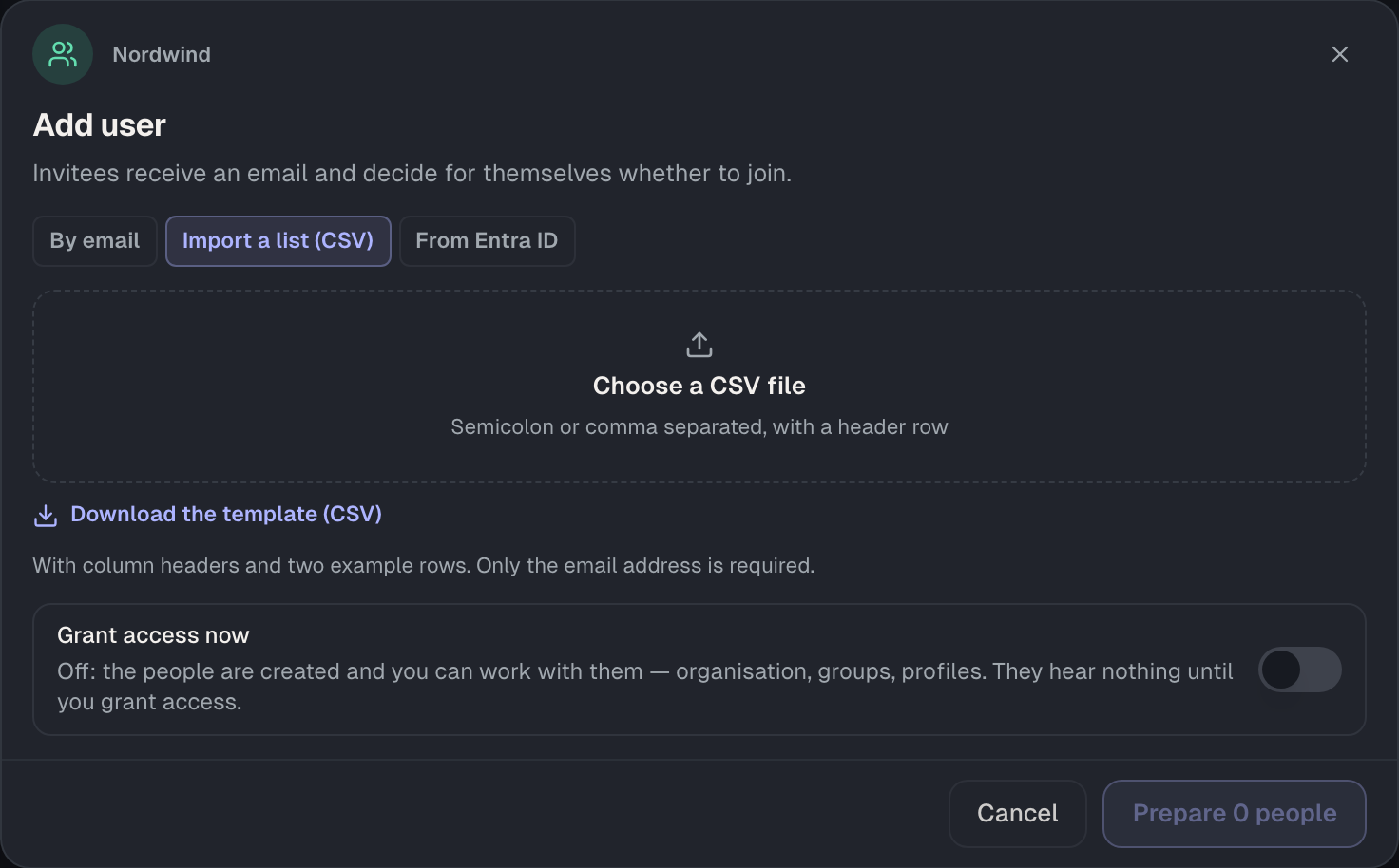 The “Import a list (CSV)” tab: download the template, choose the file, check the preview. Both switches start off here.
