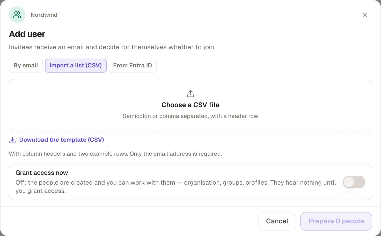 The “Import a list (CSV)” tab: download the template, choose the file, check the preview. Both switches start off here.