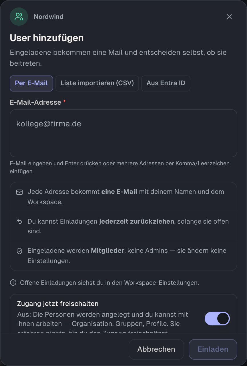 „User hinzufügen“ unter Benutzer: Adressen eintragen, Zugang und Mail wählen.