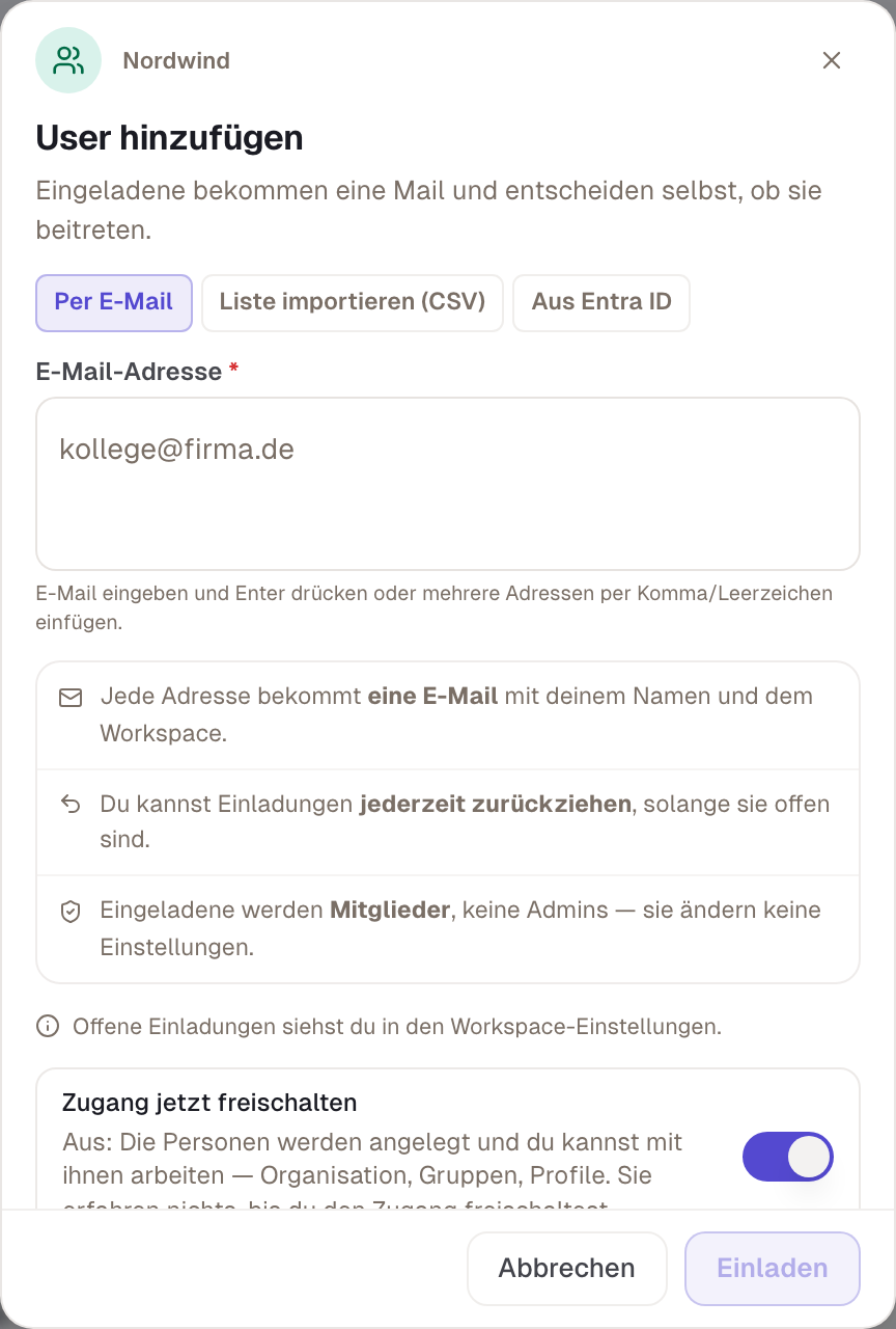 „User hinzufügen“ unter Benutzer: Adressen eintragen, Zugang und Mail wählen.
