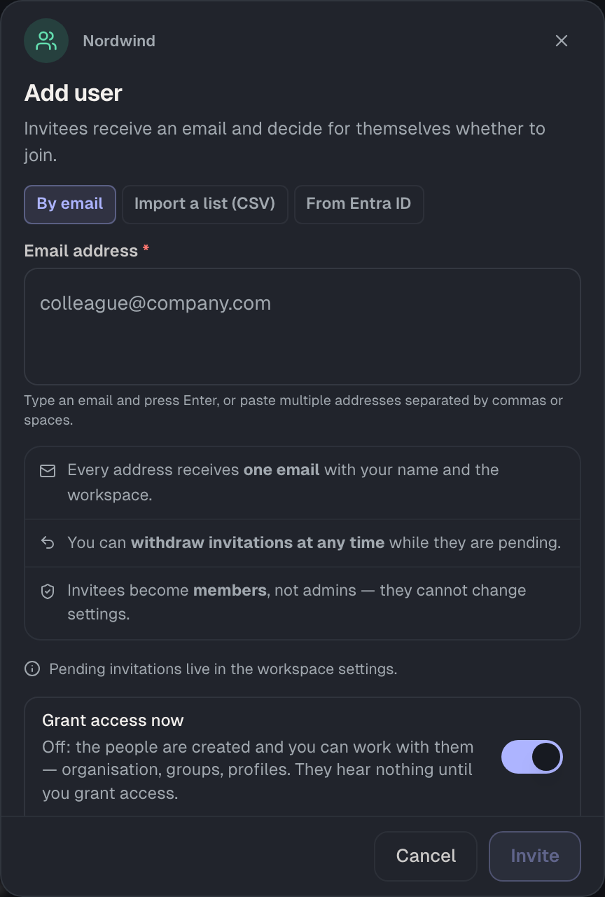 “Add user” under Users: enter addresses, choose access and email.