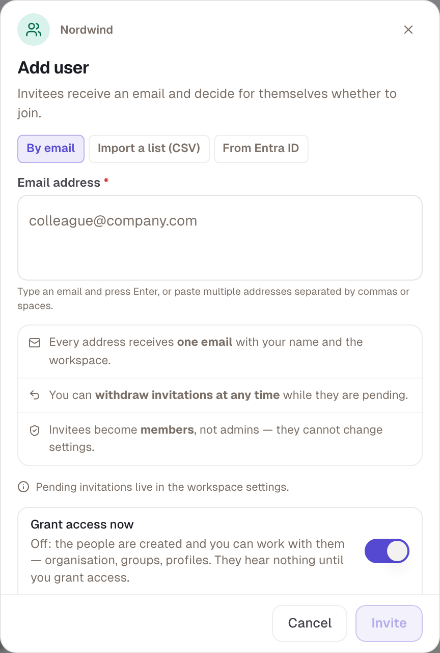 “Add user” under Users: enter addresses, choose access and email.