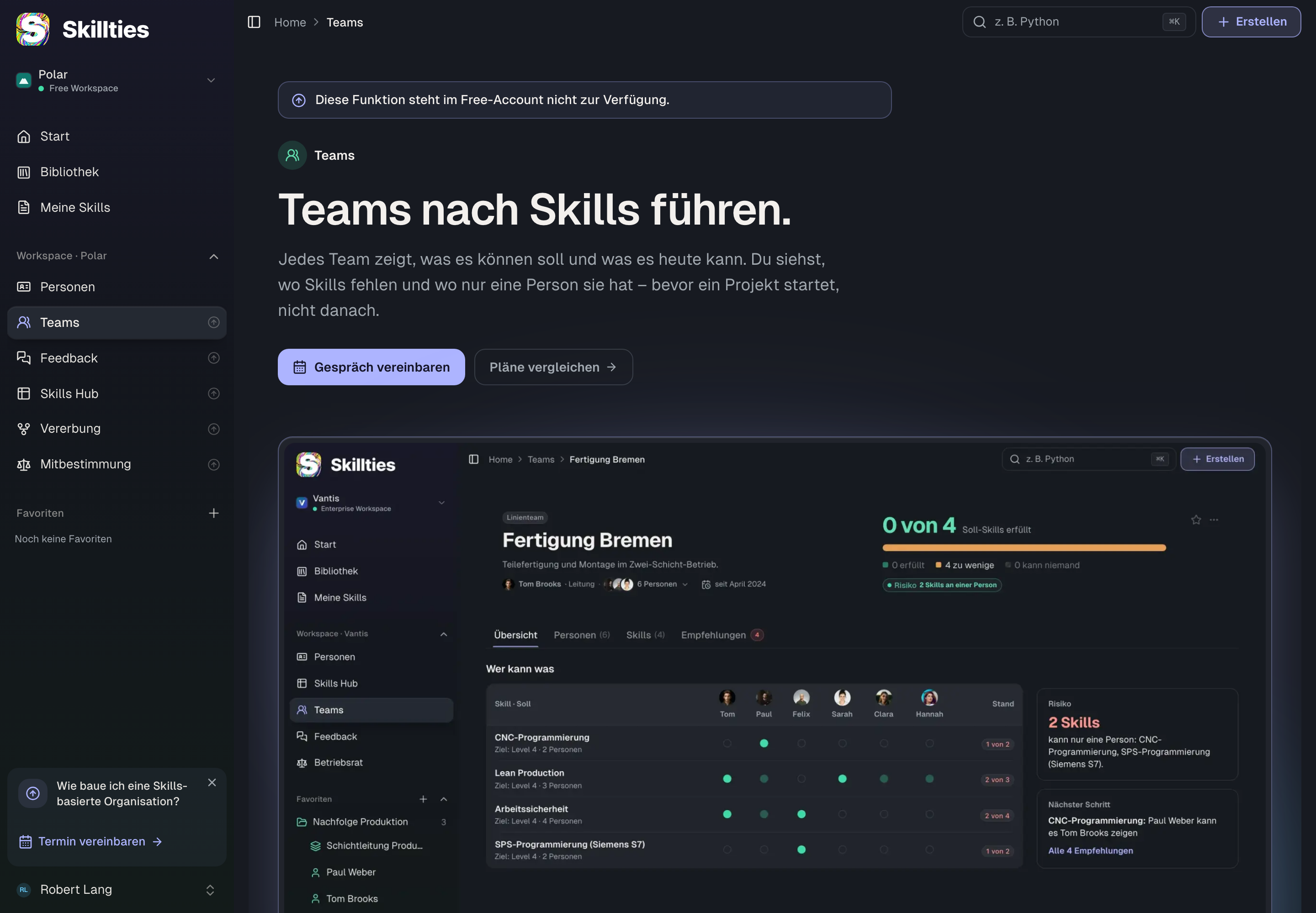 Die App Teams nach dem Wechsel: eine Vorschau mit erfundenen Daten, die echten Teams bleiben gespeichert.