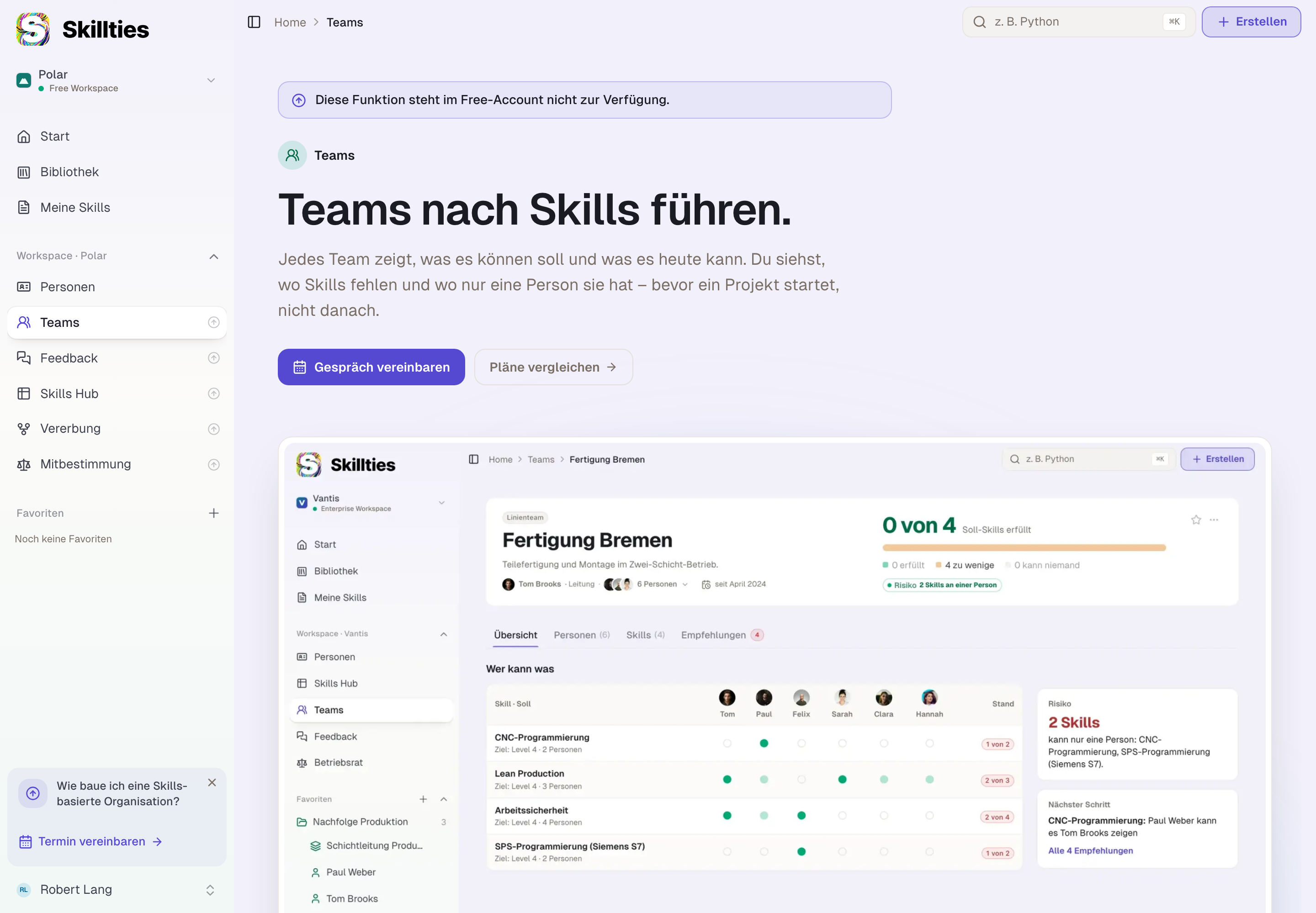 Die App Teams nach dem Wechsel: eine Vorschau mit erfundenen Daten, die echten Teams bleiben gespeichert.