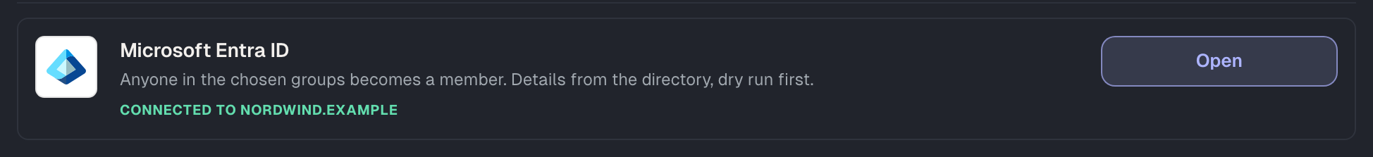 The card under Integrations: connected to the company's domain; “Open” leads to the settings.