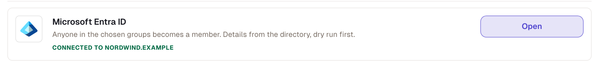 The card under Integrations: connected to the company's domain; “Open” leads to the settings.