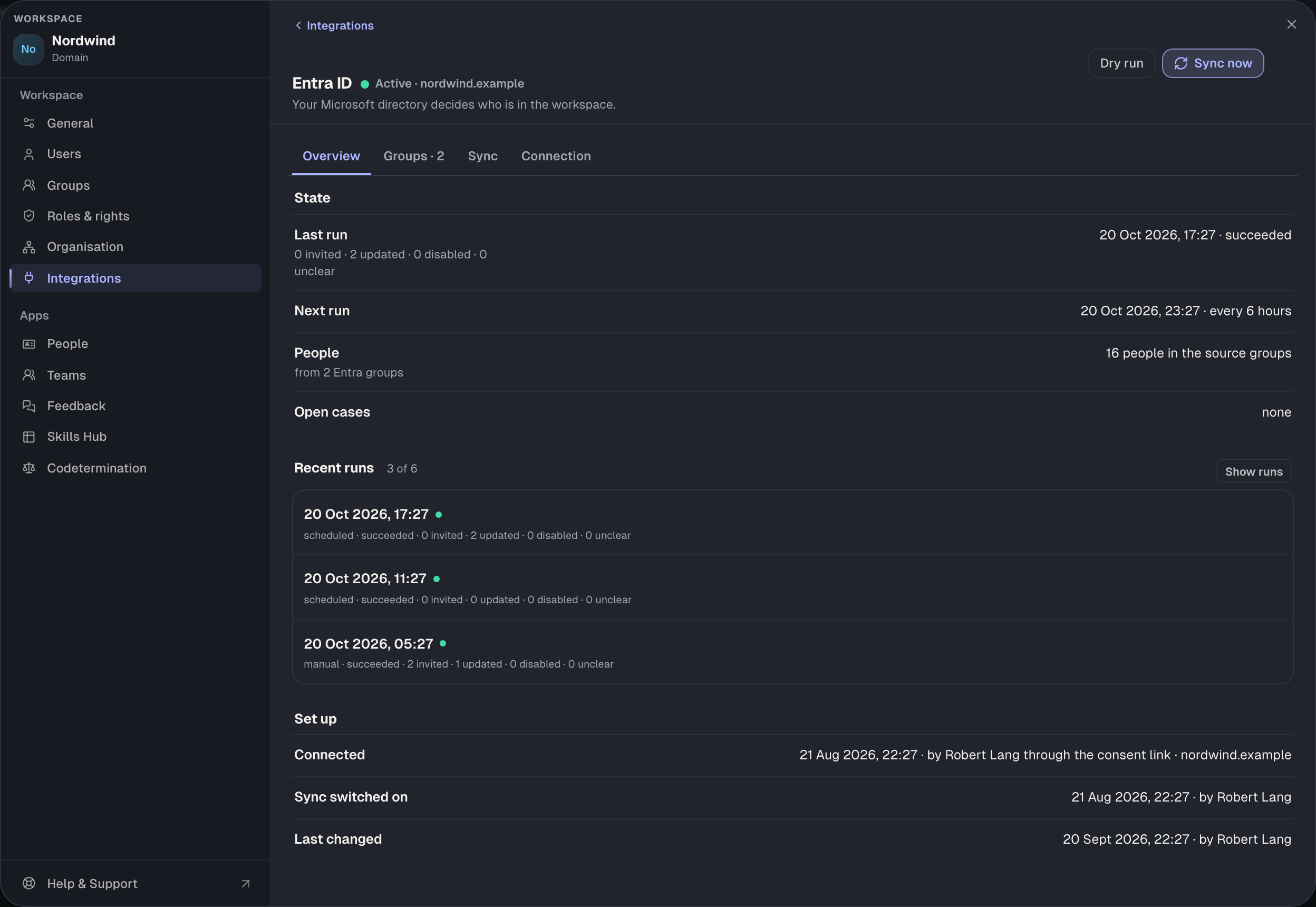 The overview: last and next run, how many people are in the source groups, open cases and recent runs.