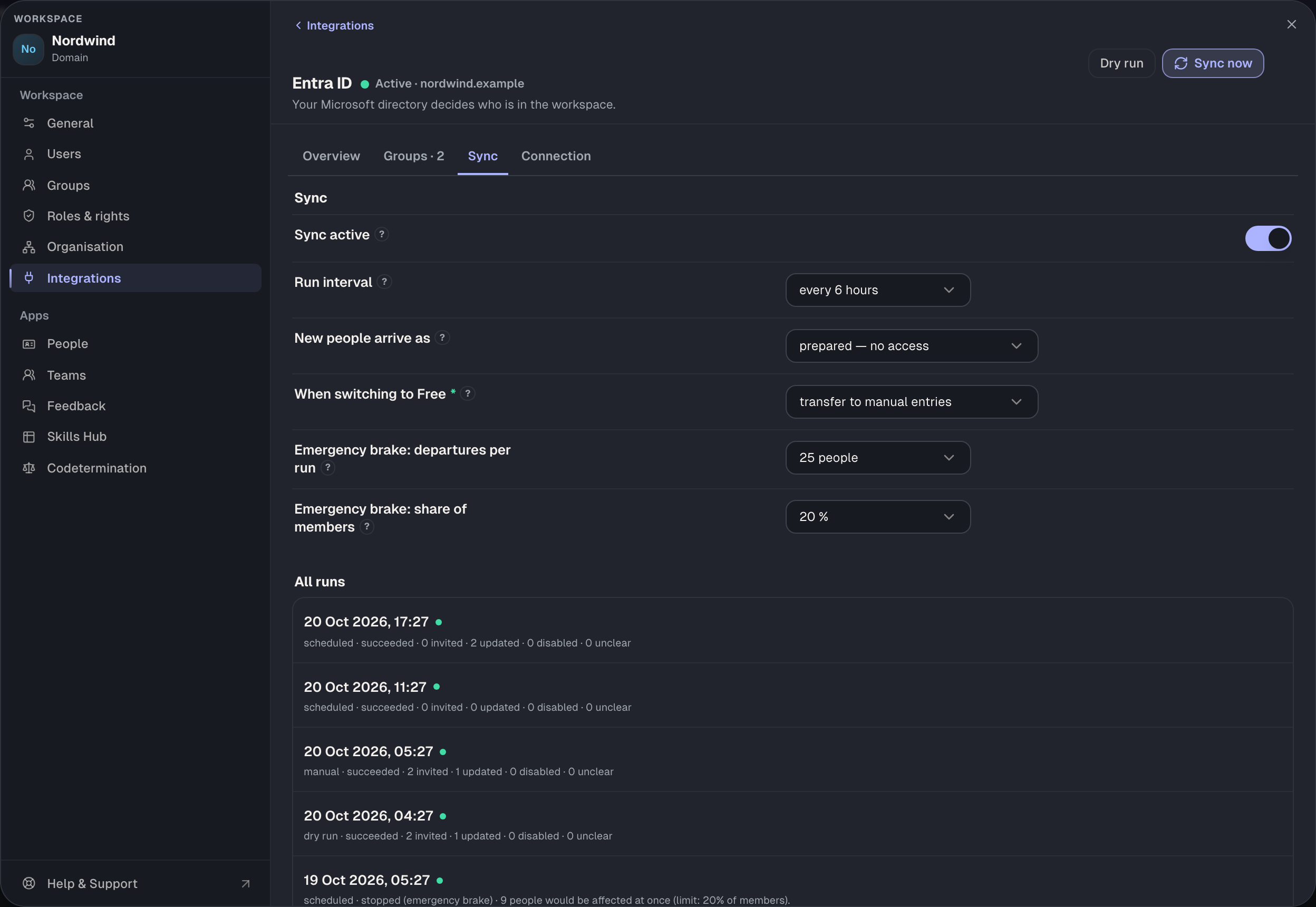 The sync settings with their defaults: every 6 hours, new people prepared, emergency brake at 25 people or 20%.