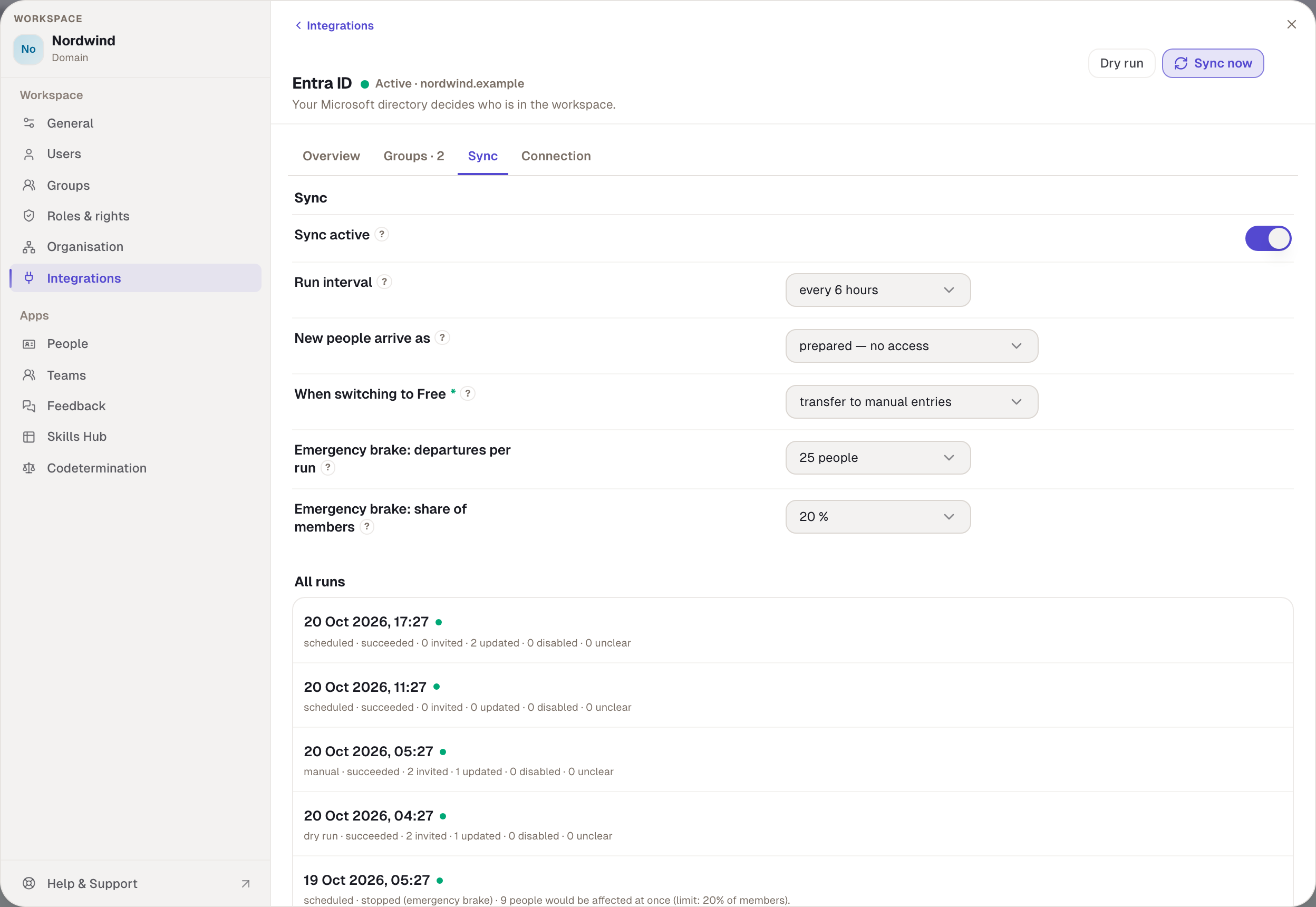 The sync settings with their defaults: every 6 hours, new people prepared, emergency brake at 25 people or 20%.