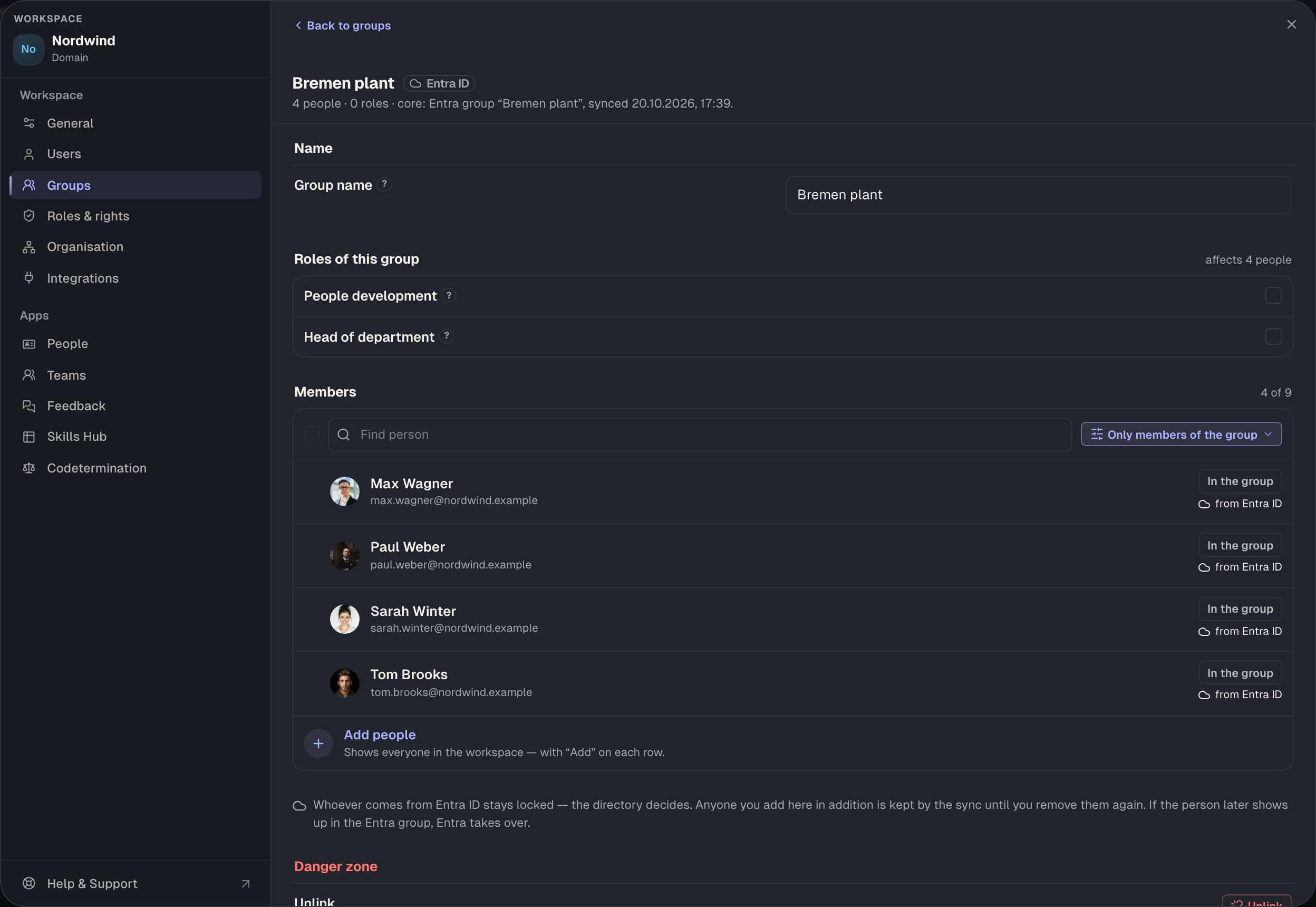 “Bremen plant” comes from Entra ID: its members are locked, roles are still given in Skillties.