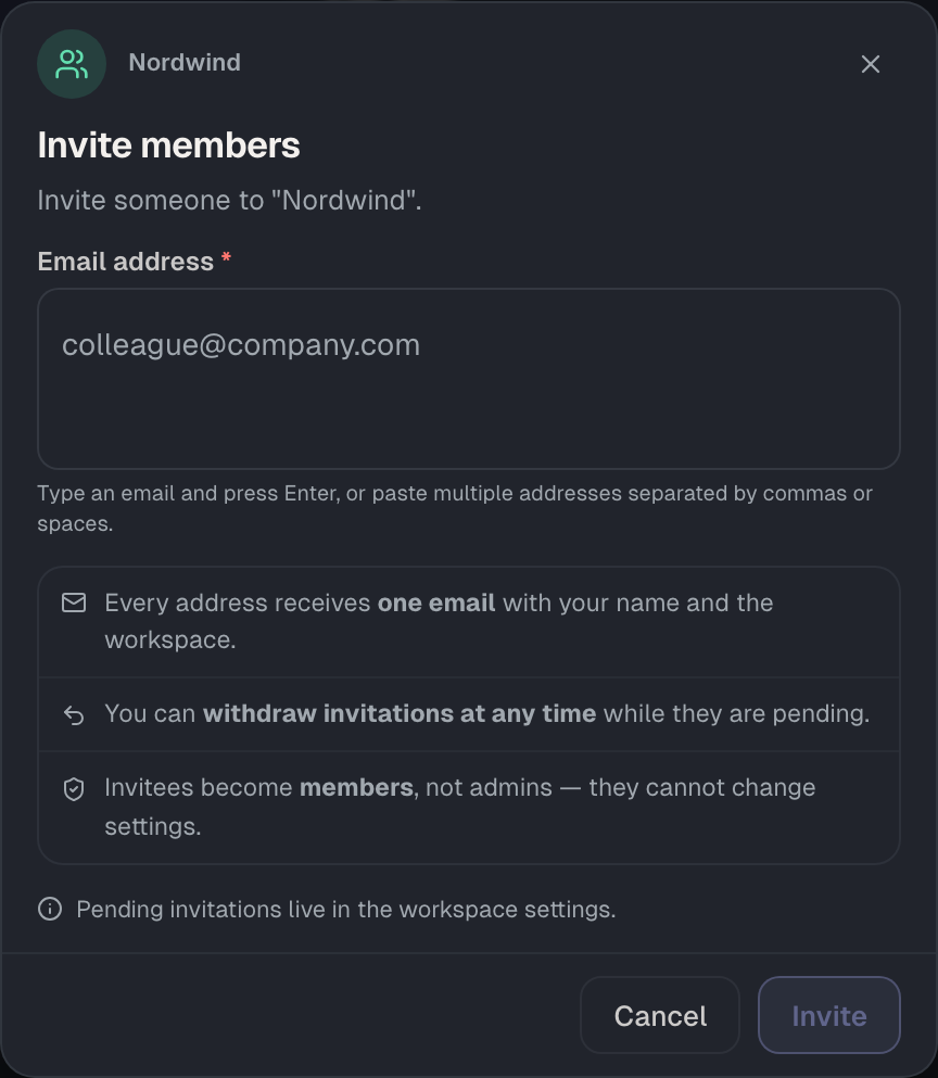 The short route: enter addresses, invite. Three notes explain what happens.