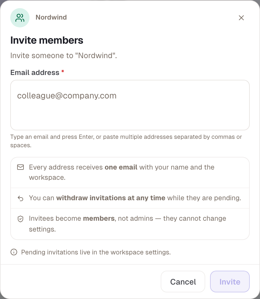 The short route: enter addresses, invite. Three notes explain what happens.
