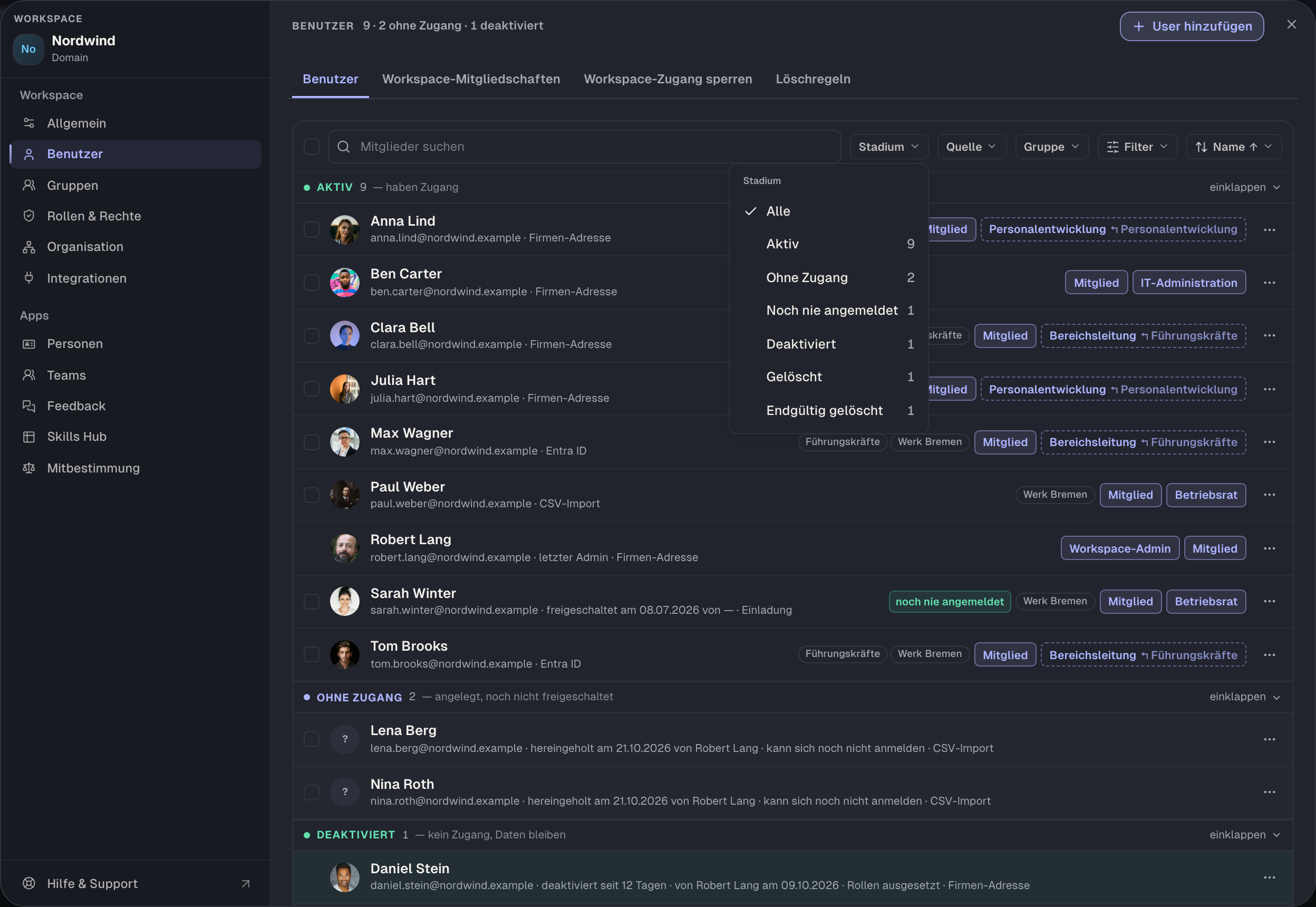 Der Filter „Stadium › Ohne Zugang“ zeigt alle vorbereiteten Personen, die Sie dann gemeinsam freischalten.