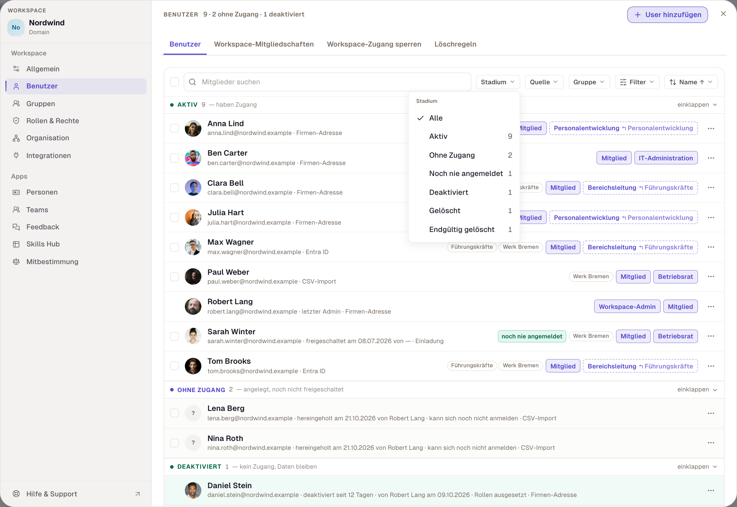 Der Filter „Stadium › Ohne Zugang“ zeigt alle vorbereiteten Personen, die Sie dann gemeinsam freischalten.