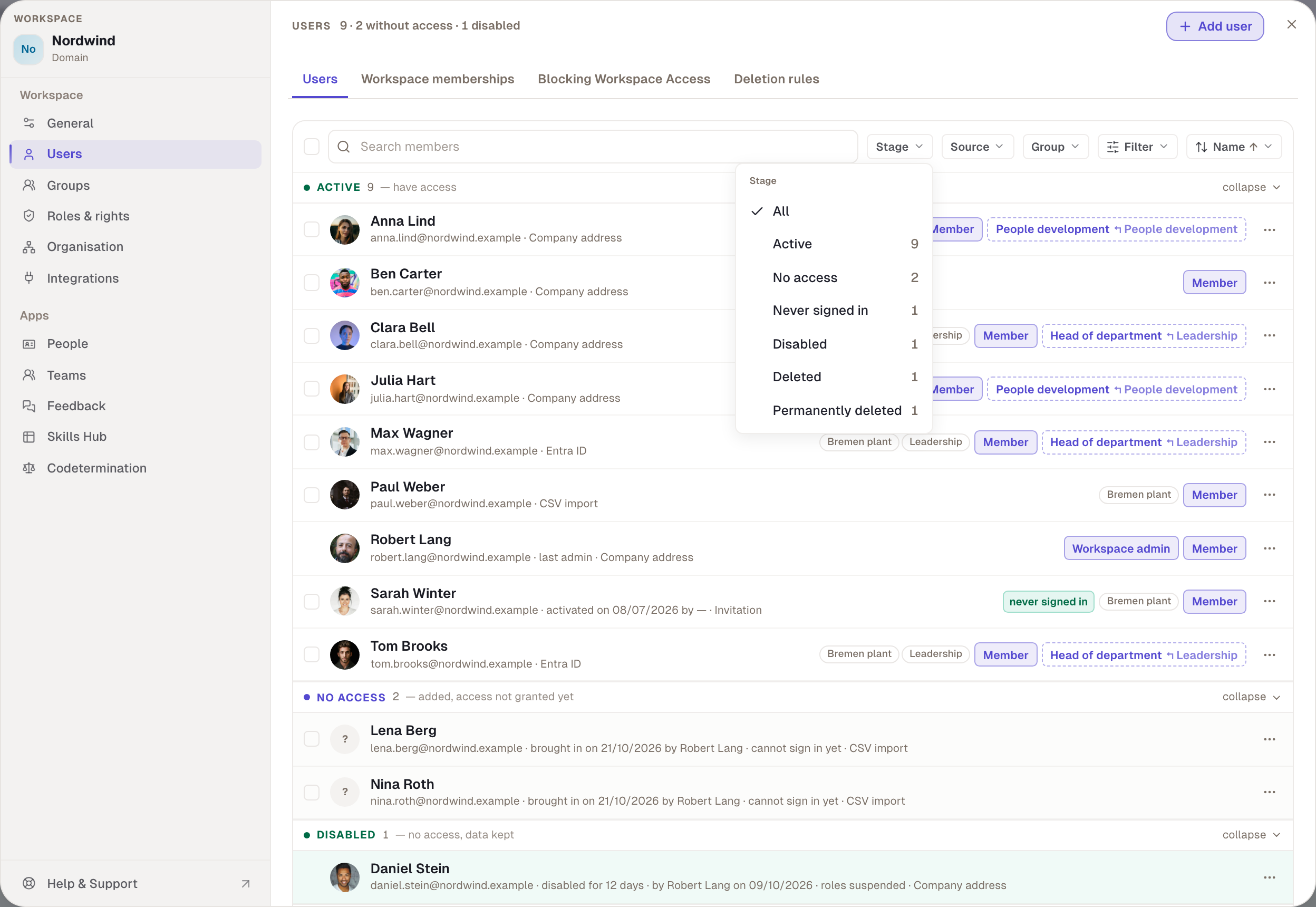 The filter “Stage › No access” shows every prepared person, whom you then grant access together.
