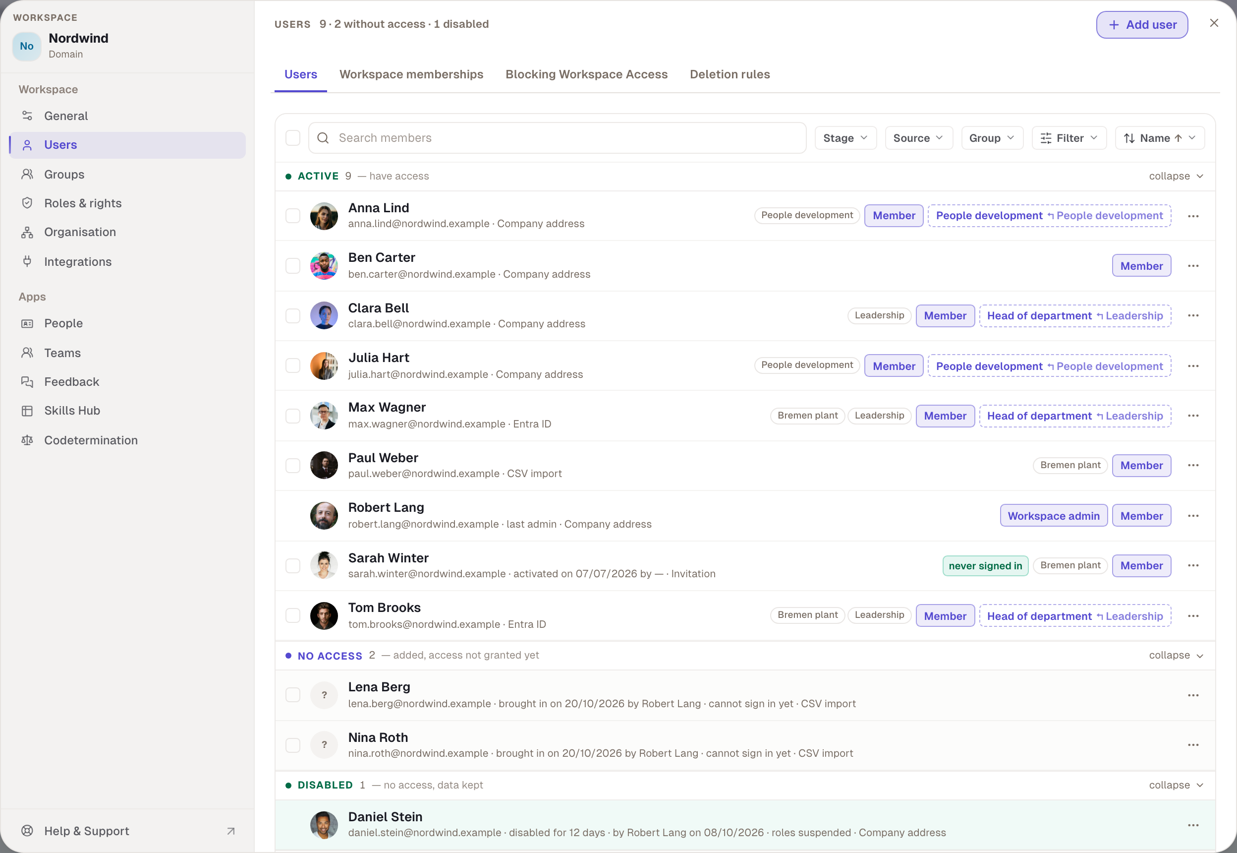 Under “Users”, each person shows their source, here “Entra ID”, “CSV import”, “Invitation” or “Company address”.