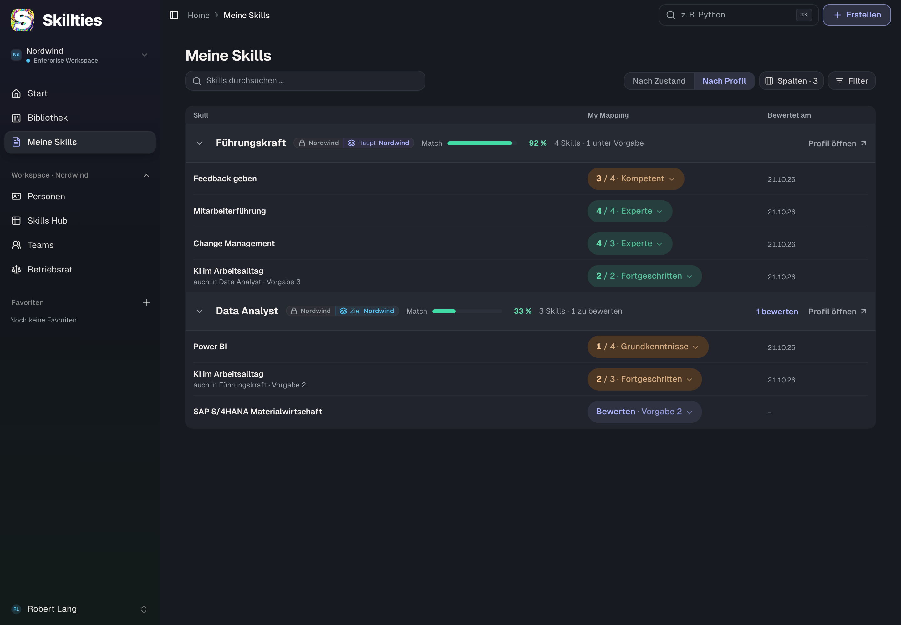 „Meine Skills“: das Hauptprofil mit Match, darunter jeder Skill mit Level und Vorgabe.
