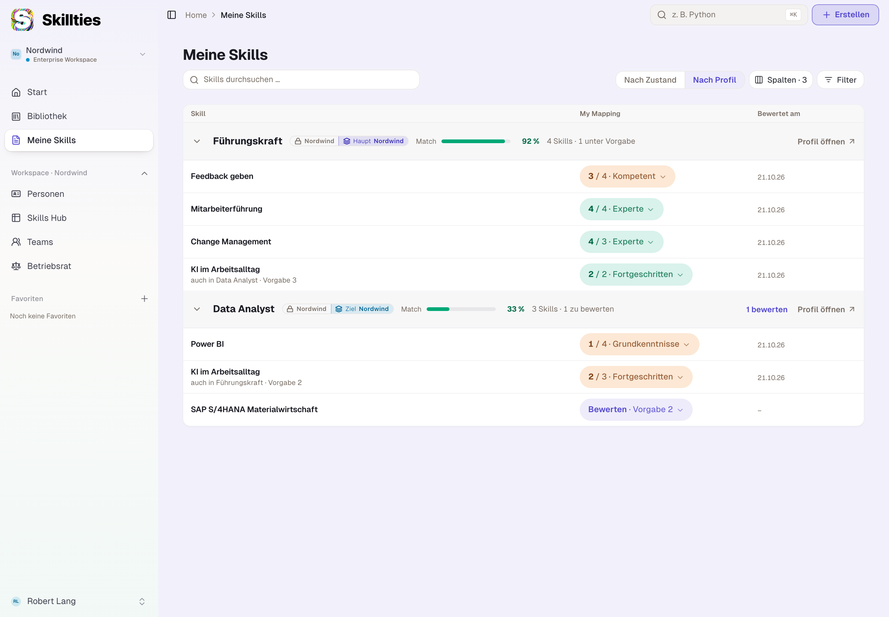 „Meine Skills“: das Hauptprofil mit Match, darunter jeder Skill mit Level und Vorgabe.