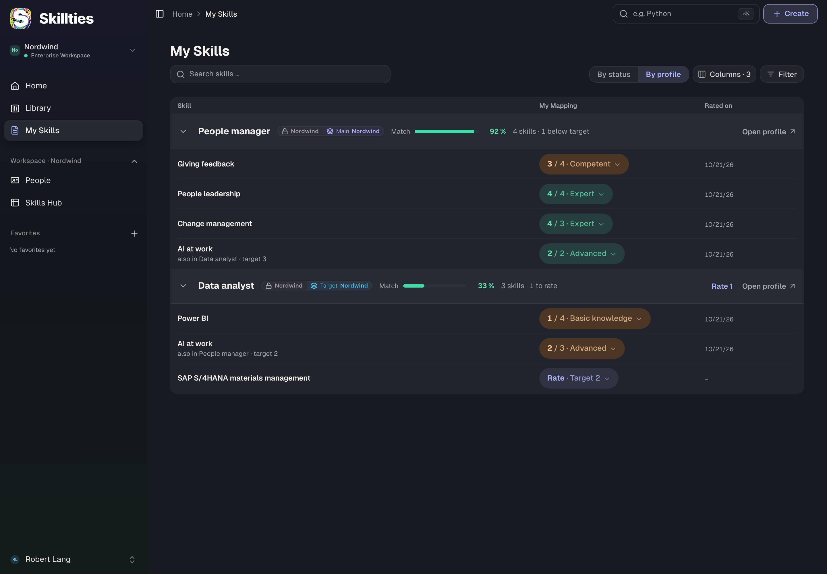 “My Skills”: the main profile with its match, each skill with level and target below.