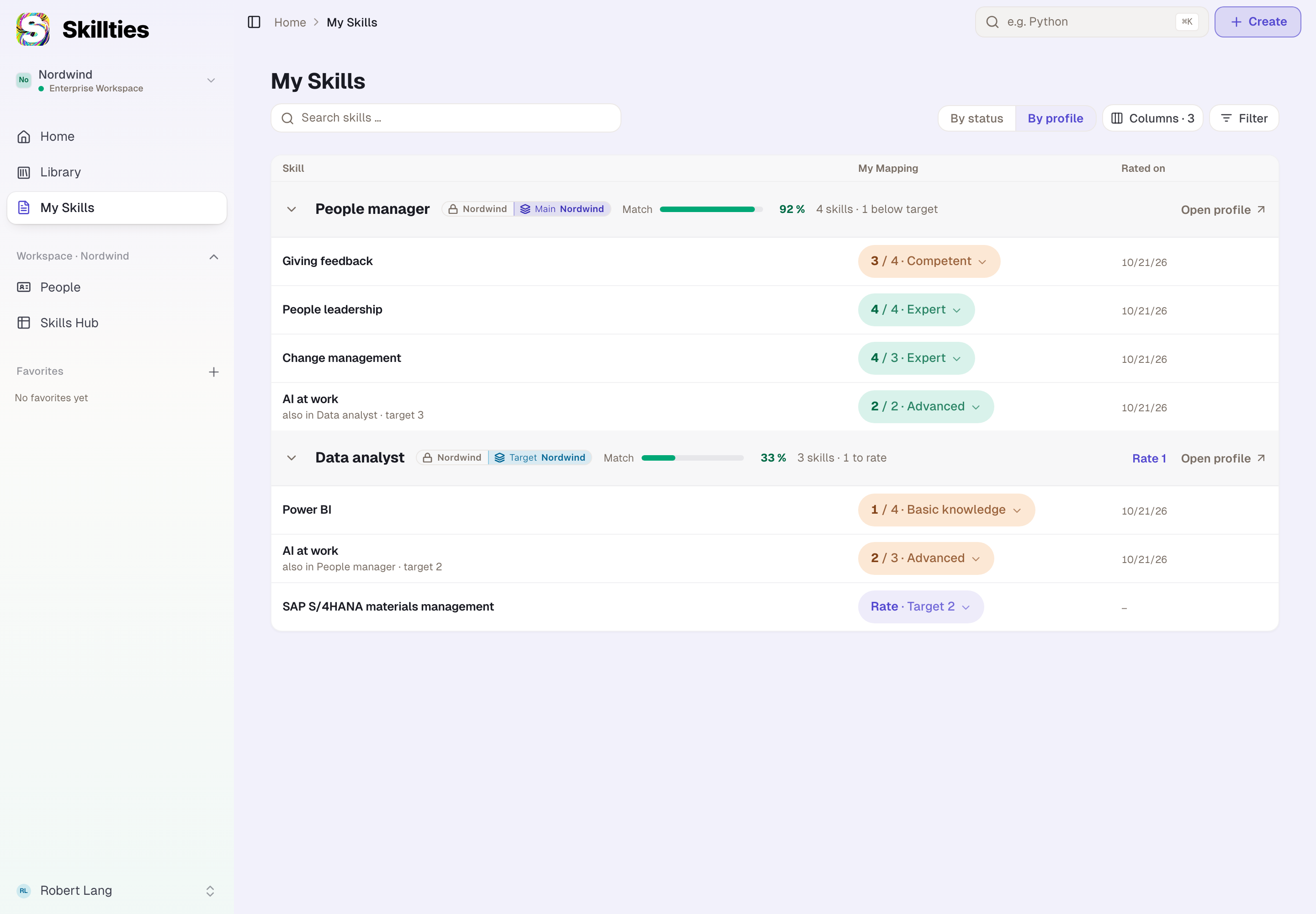“My Skills”: the main profile with its match, each skill with level and target below.