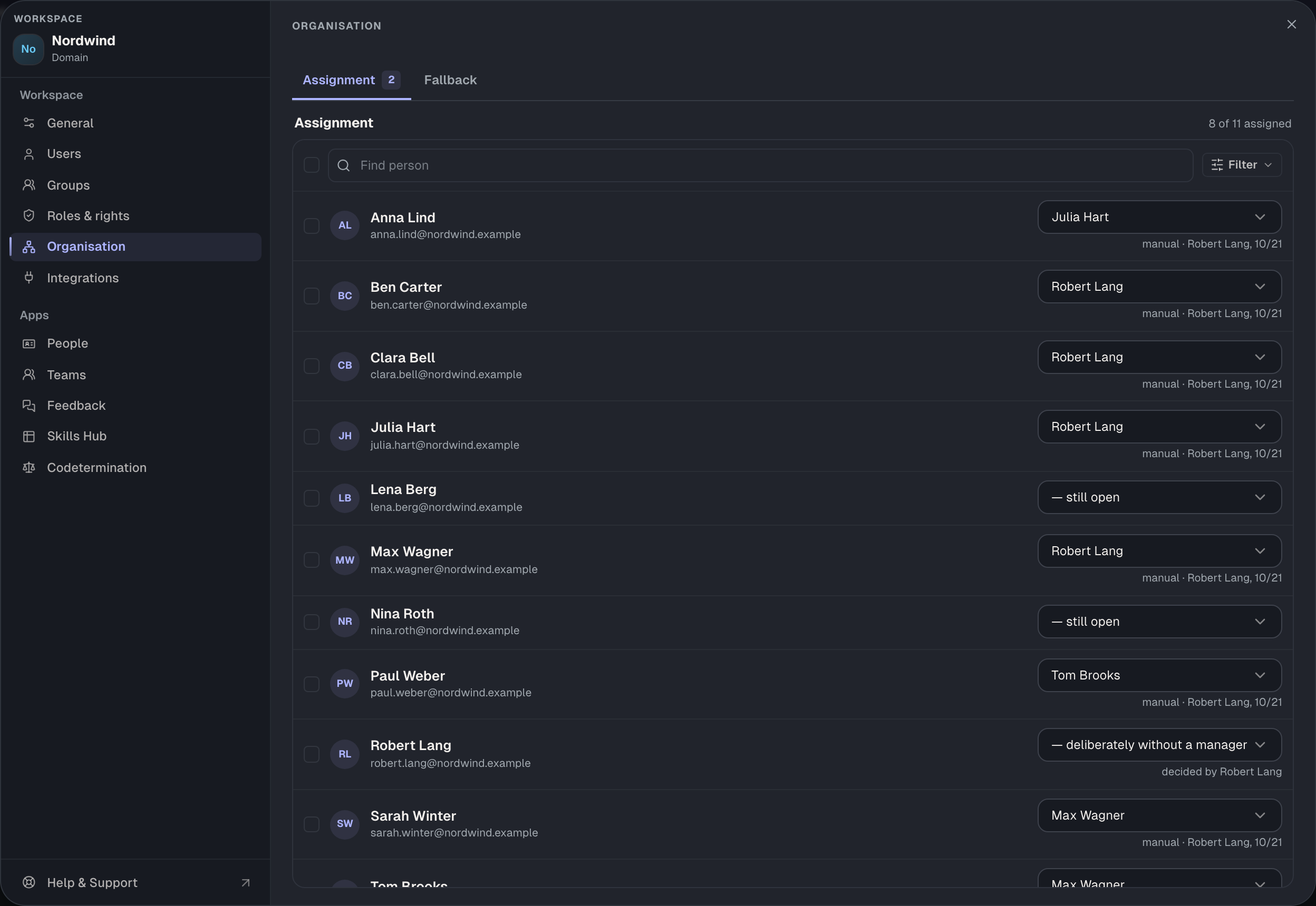 The “Assignment” tab: the manager per person, the source below. Filters and coverage at the top.