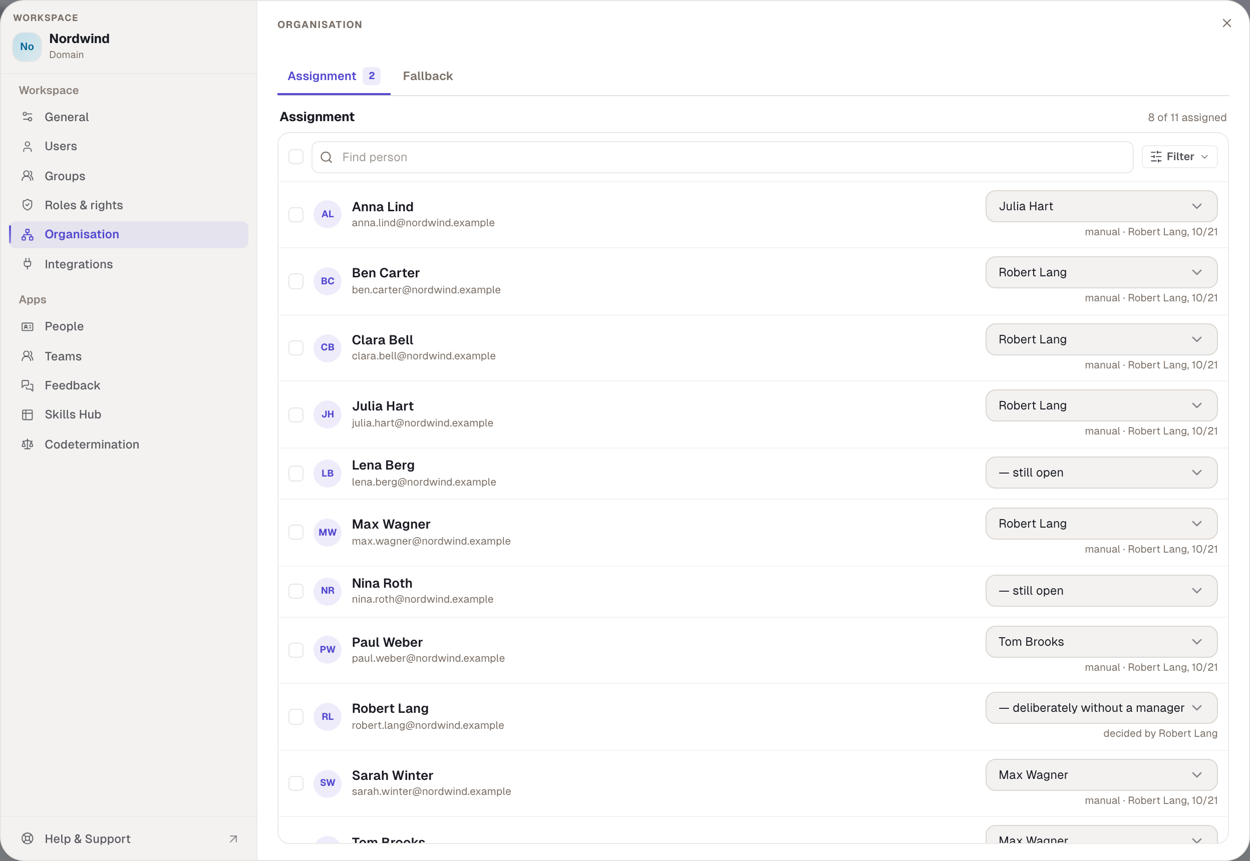 The “Assignment” tab: the manager per person, the source below. Filters and coverage at the top.