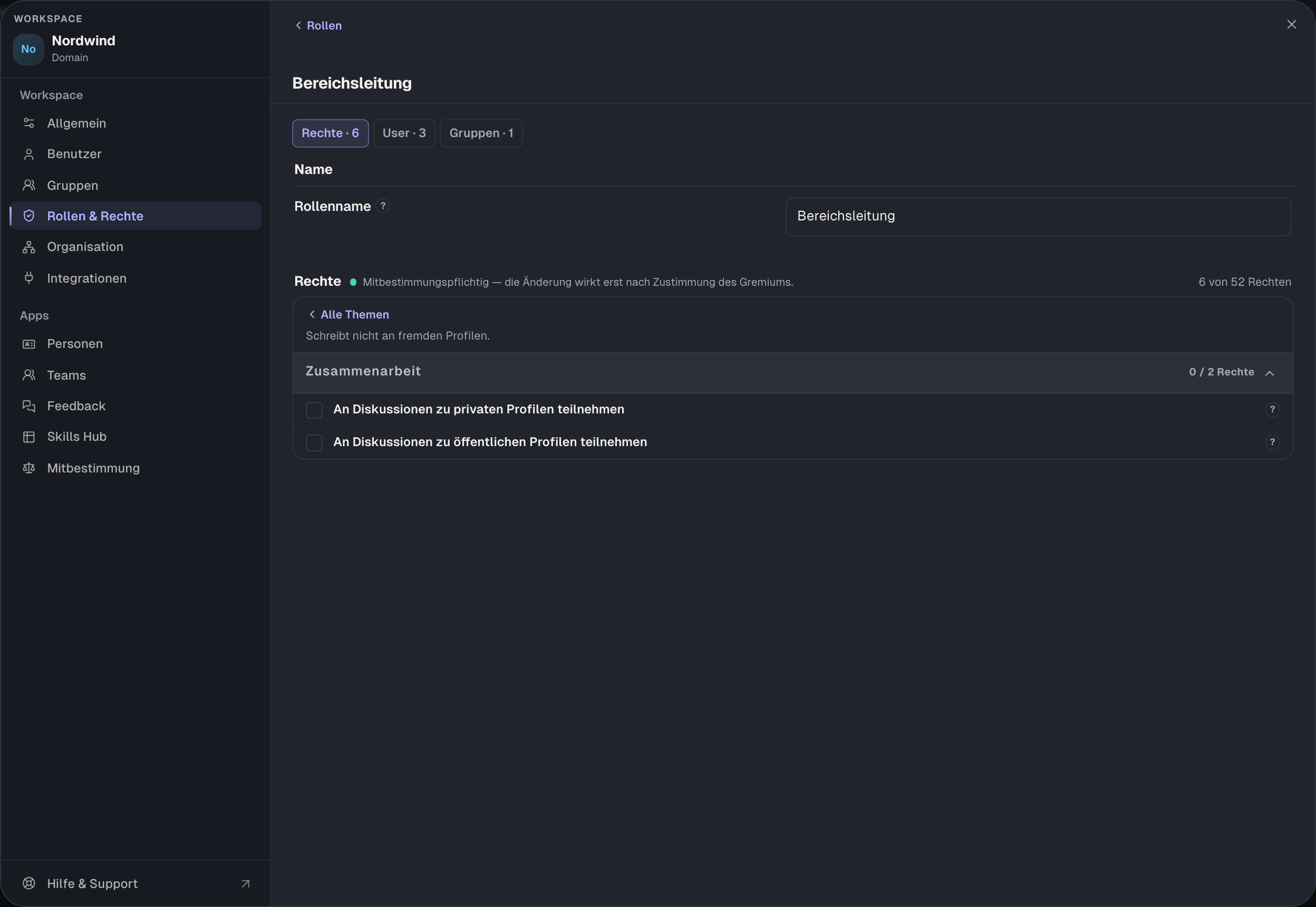 Der Bereich Zusammenarbeit: zwei Rechte, je eines für private und öffentliche Profile.