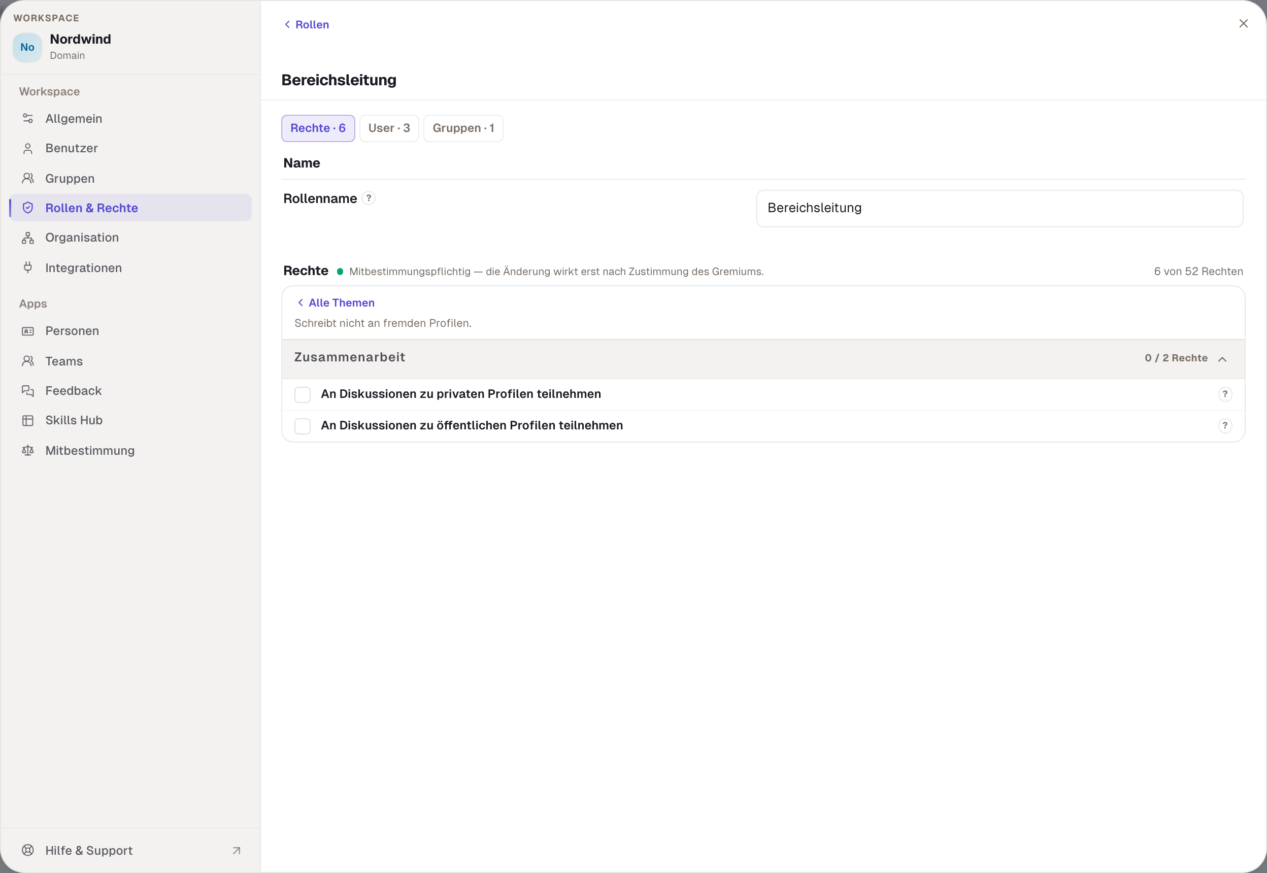 Der Bereich Zusammenarbeit: zwei Rechte, je eines für private und öffentliche Profile.