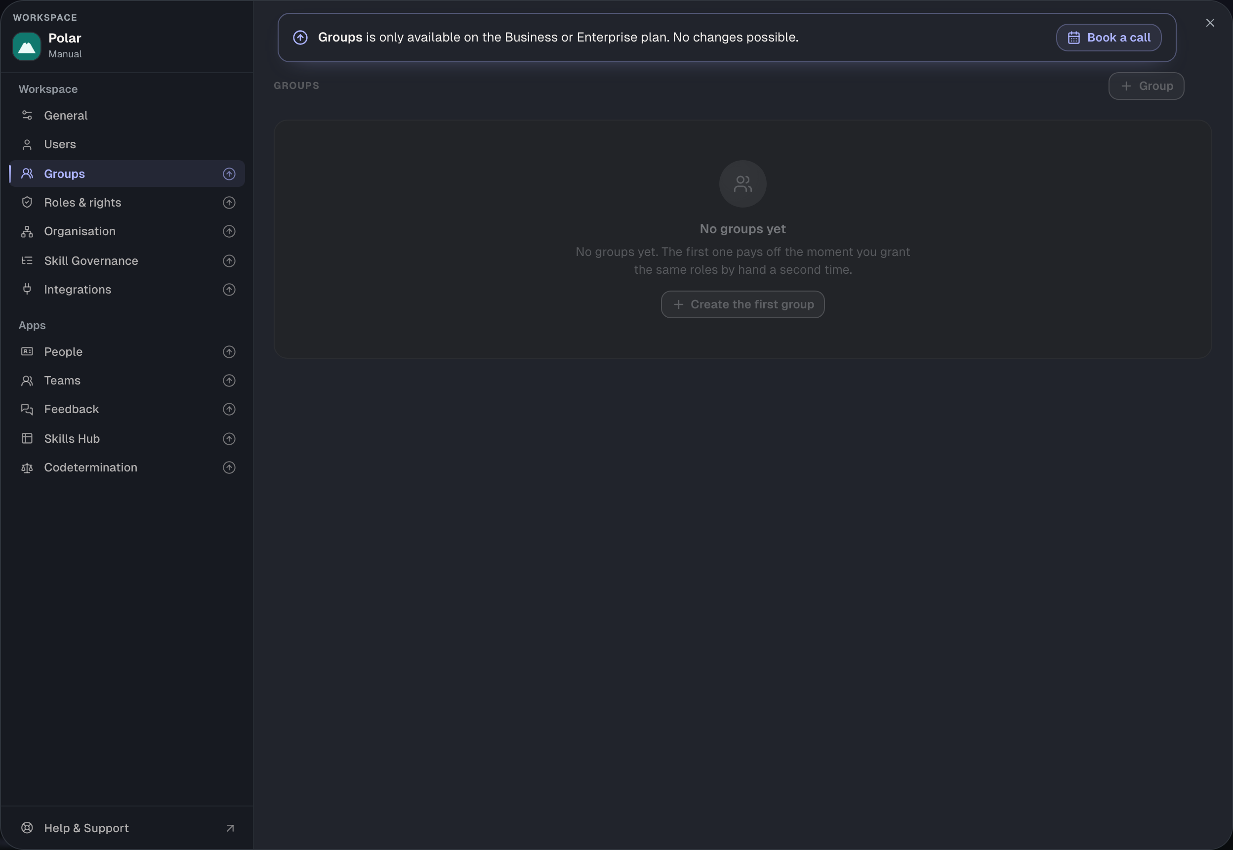 An area without a contract: the Groups area is visible to the admin as a preview but locked. Without the right for General it would be gone entirely.