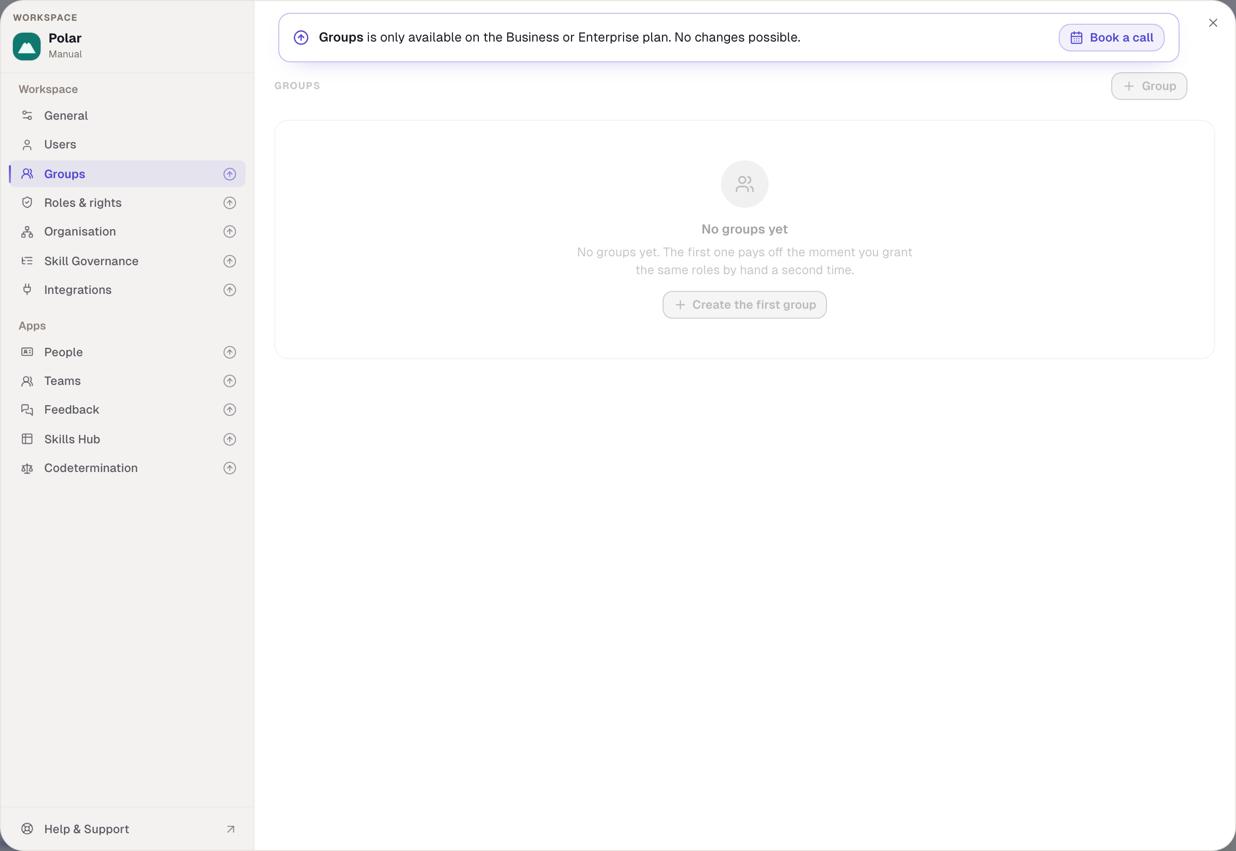 An area without a contract: the Groups area is visible to the admin as a preview but locked. Without the right for General it would be gone entirely.
