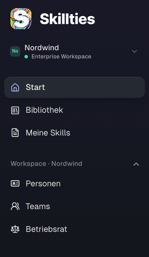 Die Seitenleiste von Paul Weber: Personen und Teams aus der Rolle Mitglied, Betriebsrat aus seinem Sitz im Gremium, aber kein Skills Hub.