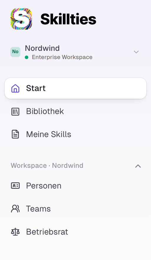 Die Seitenleiste von Paul Weber: Personen und Teams aus der Rolle Mitglied, Betriebsrat aus seinem Sitz im Gremium, aber kein Skills Hub.